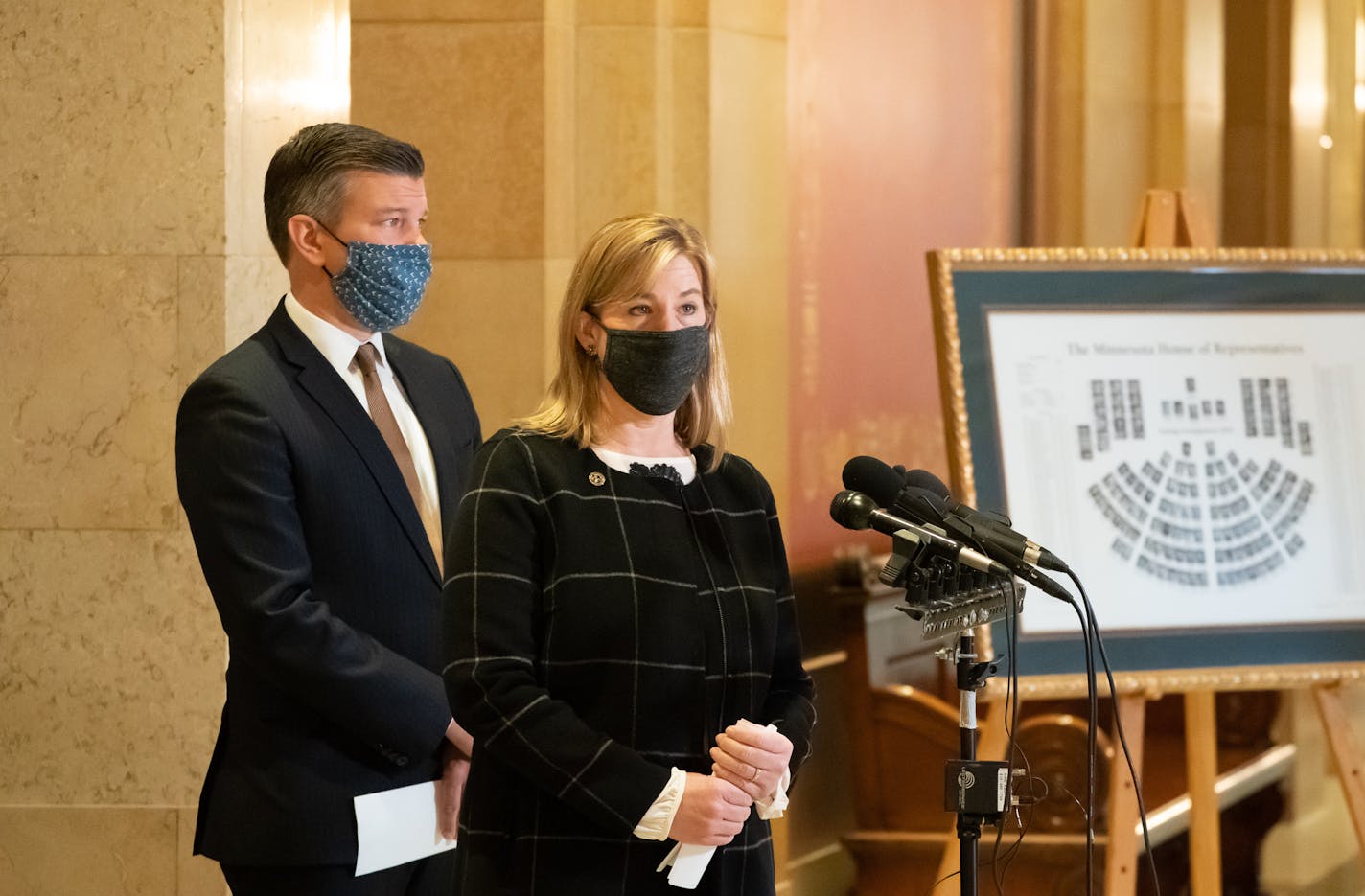 Democratic leaders House Majority Leader Ryan Winkler, DFL-Golden Valley and House Speaker Melissa Hortman, DFL-Brooklyn Park spoke to members of the media outside the House Chambers before the start of the fifth special session of the year.