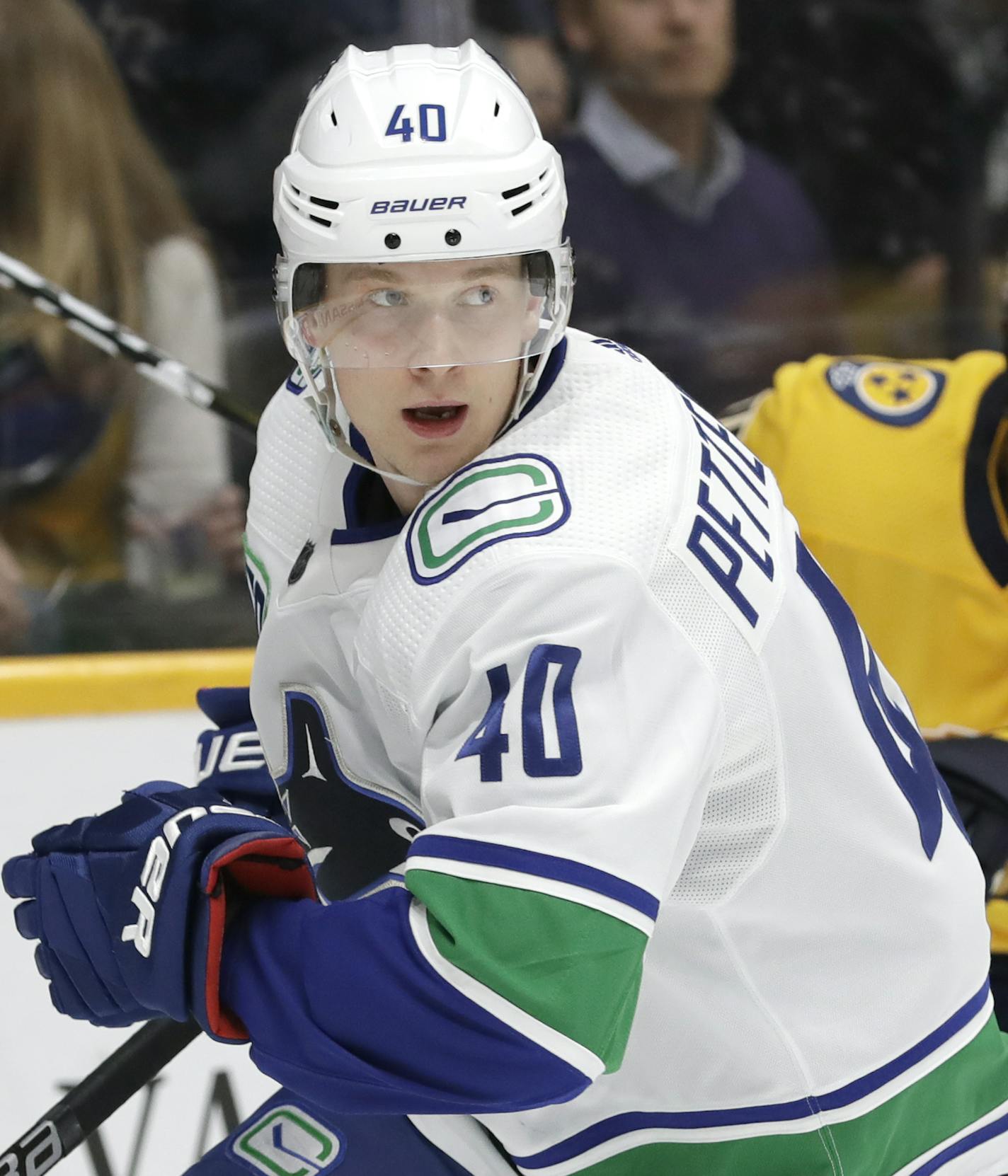 Vancouver Canucks center Elias Pettersson (40), of Sweden, plays against the Nashville Predators in the third period of an NHL hockey game Thursday, Nov. 21, 2019, in Nashville, Tenn. The Canucks won 6-3. (AP Photo/Mark Humphrey) ORG XMIT: TNMH1