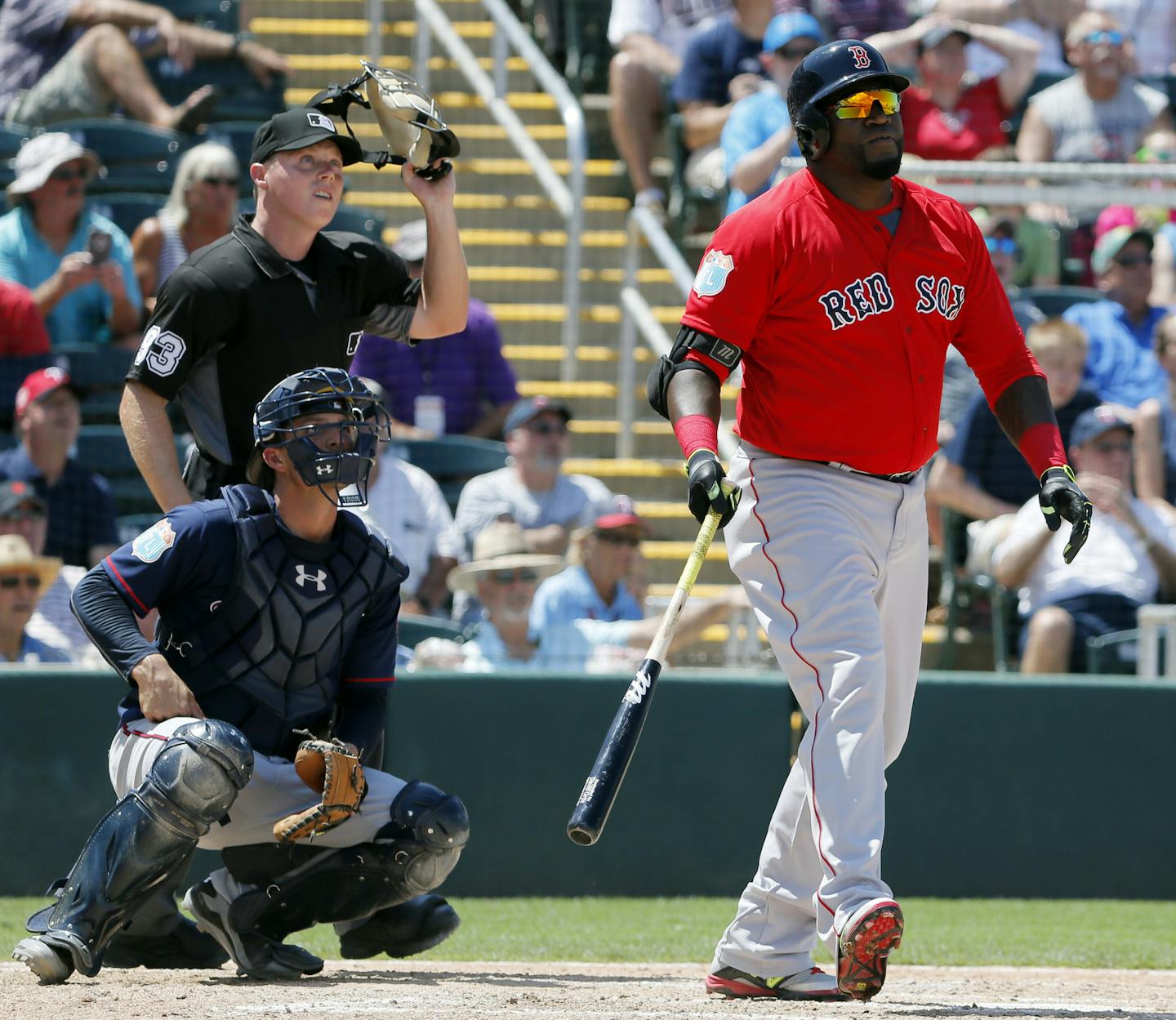 Retiring Red Sox slugger David Ortiz watched the flight of his home run off Twins starter Kyle Gibson in the fifth inning Thursday, his first of spring training.