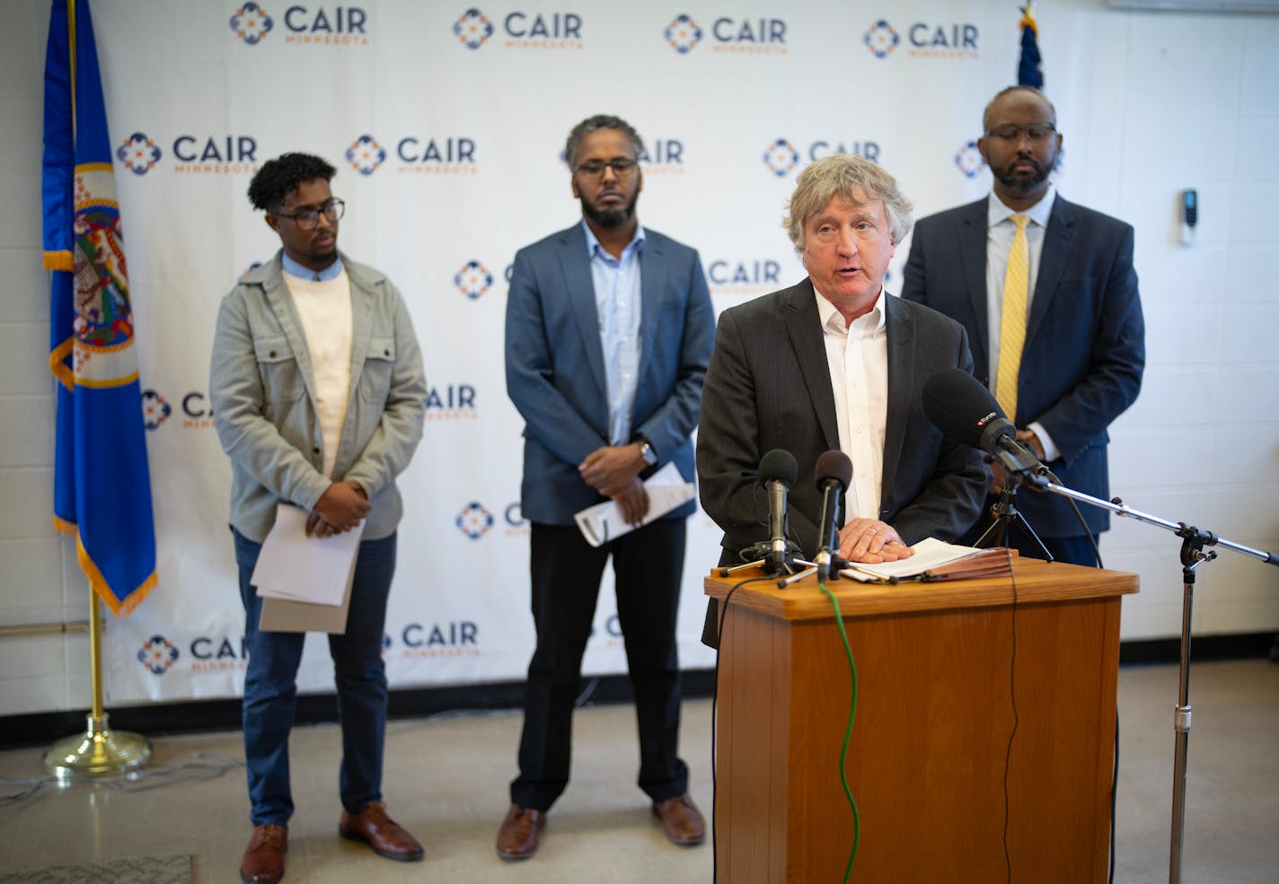 Minneapolis attorney Bruce Nestor spoke at a news conference at CAIR-Minnesota in Minneapolis Monday afternoon, November 27, 2023 to announce that a complaint would be filed on behalf of two Edina High School students who were suspended for taking part in a pro-Palestinian demonstration. Others in attendance were, from left, Suleiman Adan, deputy executive director of CAIR-Minnesota, Osman Ahmed, CAIR-Minnesota's dirctor of advocacy, and Jaylani Hussein, executive director of CAIR-Minnesota. ] JEFF WHEELER • Jeff.Wheeler@startribune.com