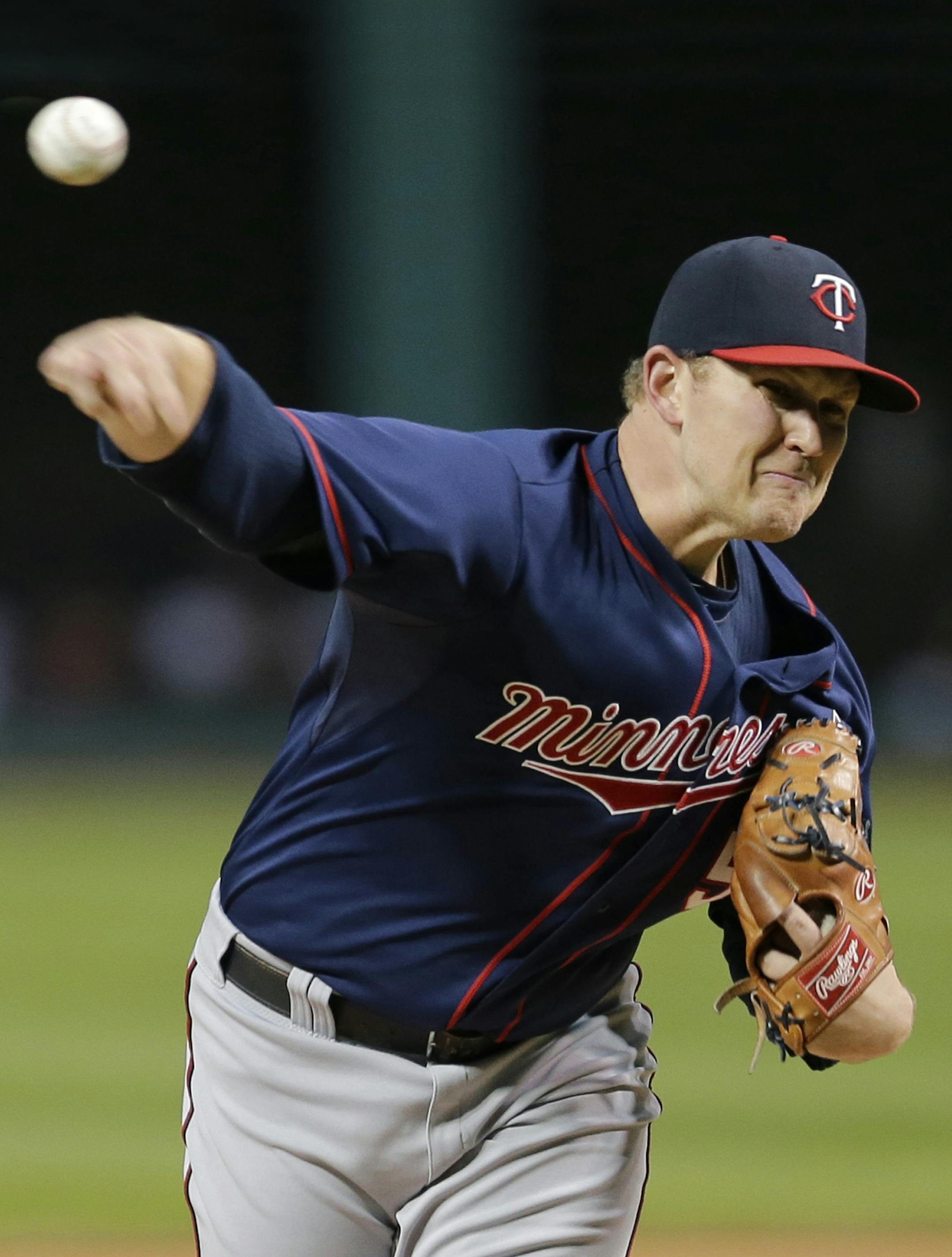 Minnesota Twins starting pitcher Tyler Duffey delivers in the first inning of a baseball game against the Cleveland Indians, Thursday, Oct. 1, 2015, in Cleveland. (AP Photo/Tony Dejak)