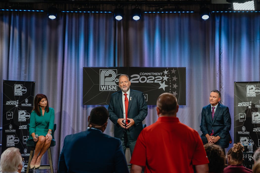 Rebecca Kleefisch, Tim Ramthun and Tim Michels, the top Republican candidates for governor of Wisconsin, at a town hall event in Milwaukee, Aug. 1, 2022. All have vowed to change the state’s election system in response to the 2020 presidential contest. 