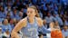 North Carolina's Alyssa Ustby (1) handles the ball during an NCAA basketball game on Thursday, Nov. 30, 2023, in Chapel Hill, N.C. (AP Photo/Ben McKeo
