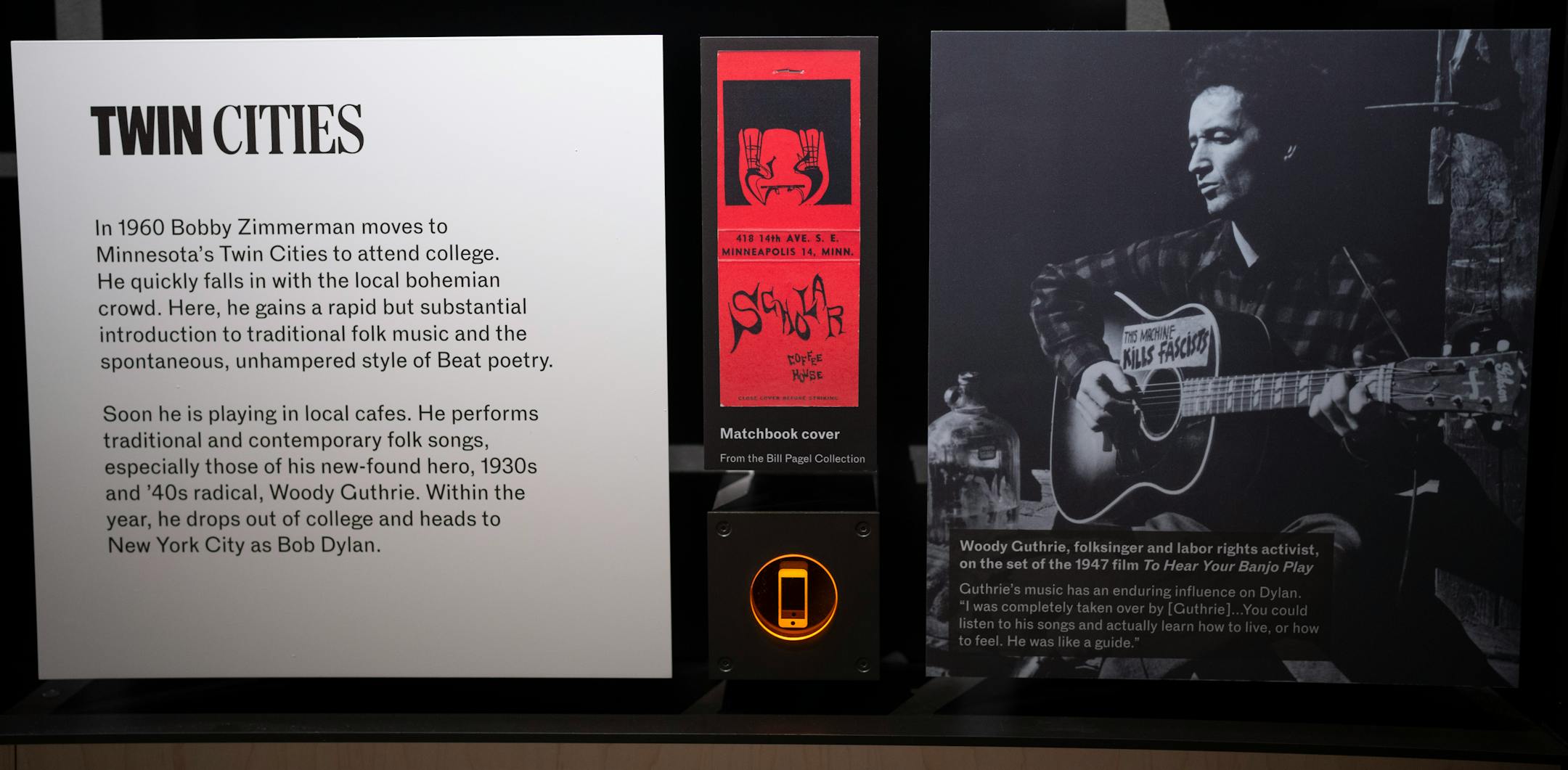 Minnesota collector Bill Pagel donated a matchbook from the 10 O'Clock Scholar, the coffee house near the University of Minnesota where Bobby Zimmerman first started introducing himself as Bob Dylan, to the Bob Dylan Center. A reproduction of the matchbook was on display at the center.