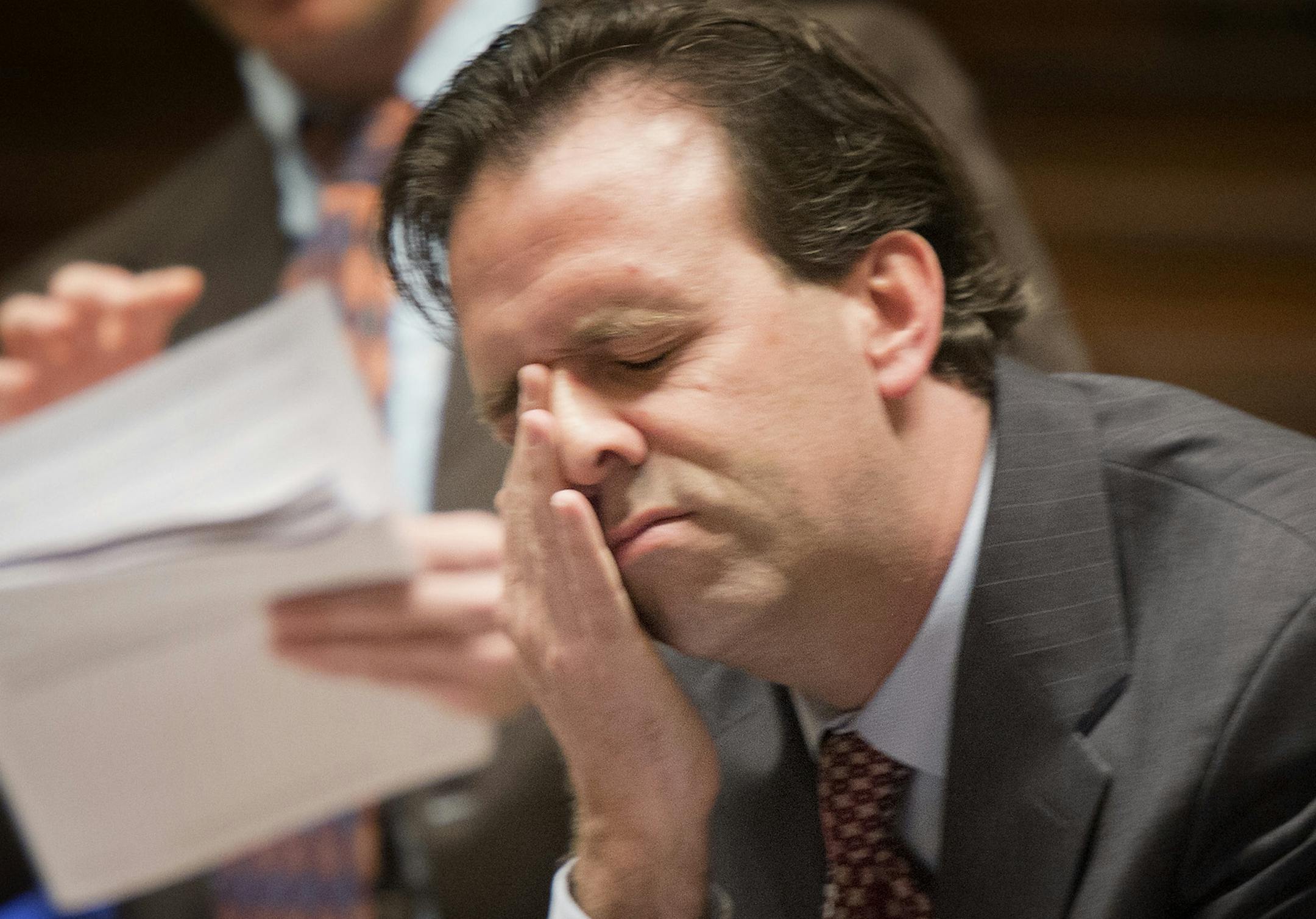 Rep Pat Garofalo rubbed his face after final passage of Rep Ryan Winkler's minimum wage bill 68-62. Friday, May 3, 2013 ] GLEN STUBBE * gstubbe@startribune.com