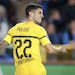 American Christian Pulisic celebrates scoring Borussia Dortmund's first goal during a Champions League group A soccer match between Club Brugge and Bo