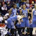 Members of Minnesota Lynx pause in the second half of Game 4 of the WNBA Finals basketball series against the Indiana Fever, in Indianapolis, Sunday, 