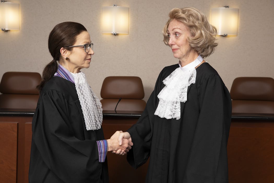 Patty Mathews, right, plays Sandra Day O’Connor and Laura Esping is Ruth Bader Ginsburg in Six Points Theater’s “Sisters in Law.” The play is adapted from Linda Hirshman’s joint biography of the first and second women to serve on the U.S. Supreme Court.