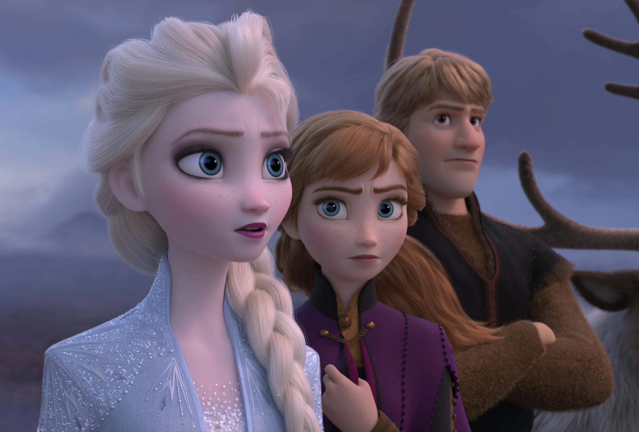 This image released by Disney shows Elsa, voiced by Idina Menzel, from left, Anna, voiced by Kristen Bell, Kristoff, voiced by Jonathan Groff and Sven in a scene from "Frozen 2." (Disney via AP)