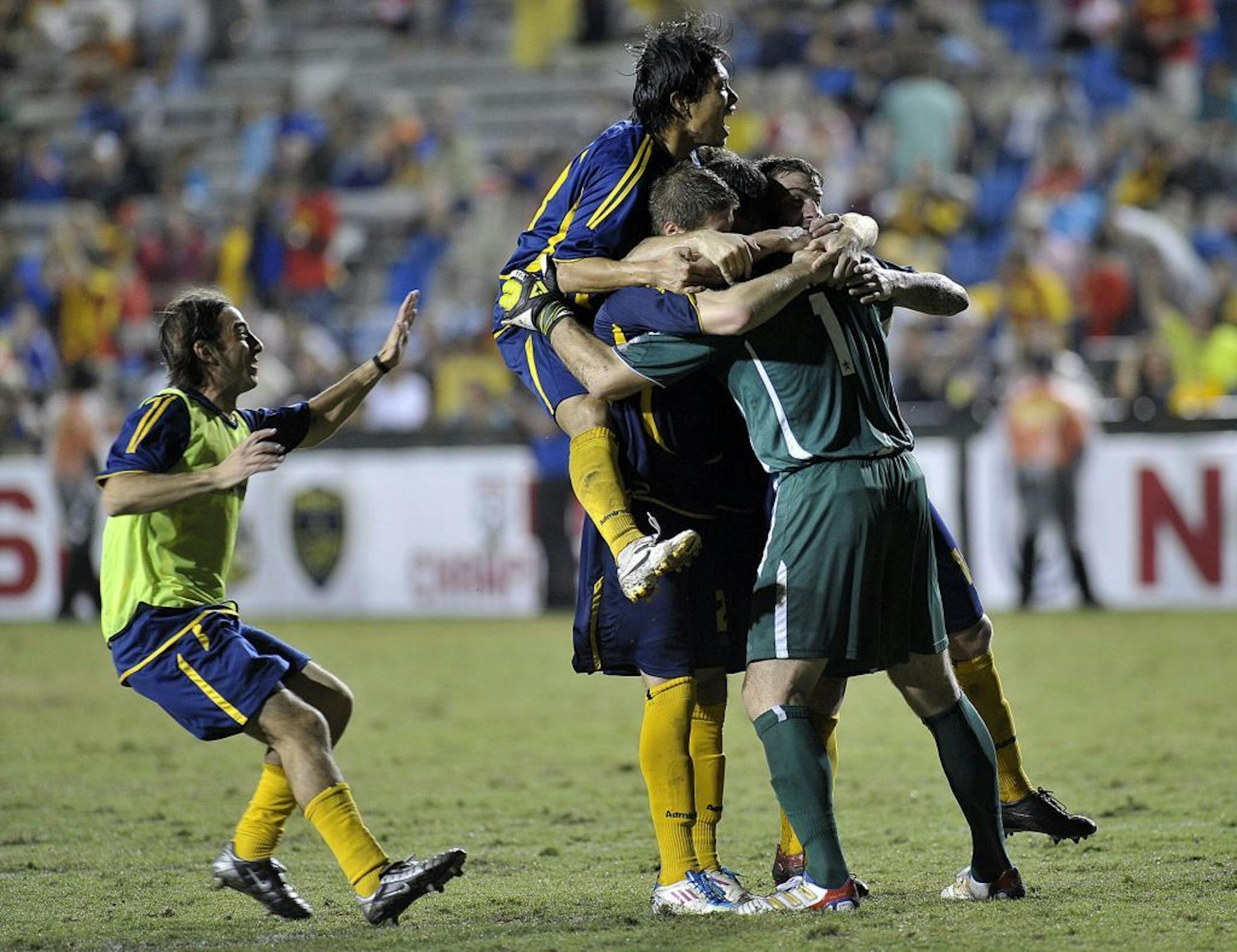 Minnesota Stars players celebrate winning the NASL Championship Series Finals against the Fort Lauderdale Strikers on Saturday, October 29, 2011, at Lockhart Stadium in Fort Lauderdale, Florida.