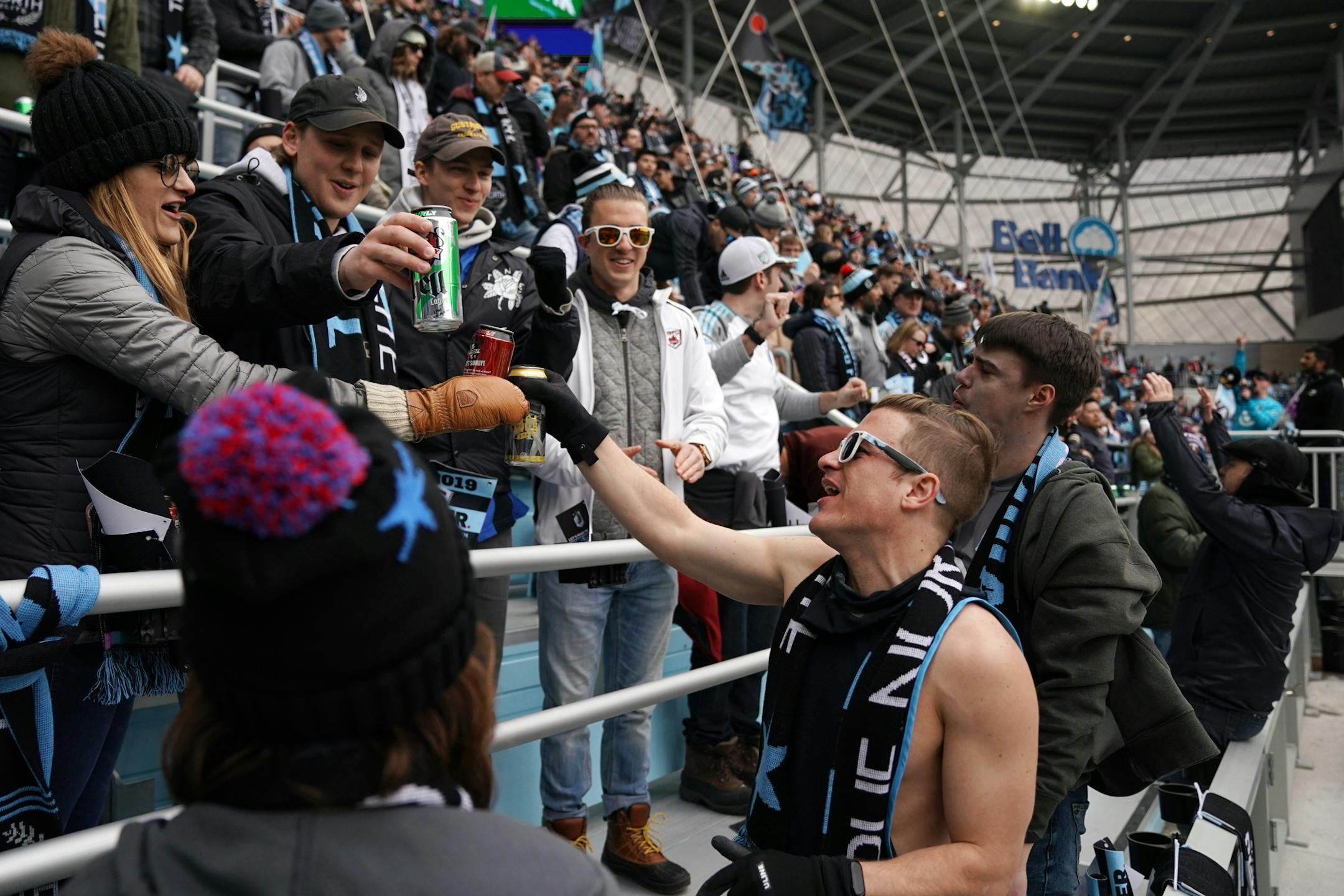 Fans celebrated with a toast in the stands ahead of Saturday's Minnesota United home opener against New York City at Allianz Field.