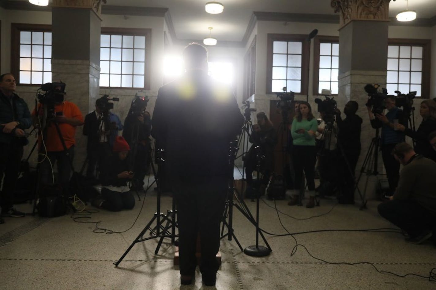 Iowa Democratic Party Chairman Troy Price talks with reporters at a news conference about the Iowa caucuses results in Des Moines, Iowa on Friday, Feb. 7, 2020.