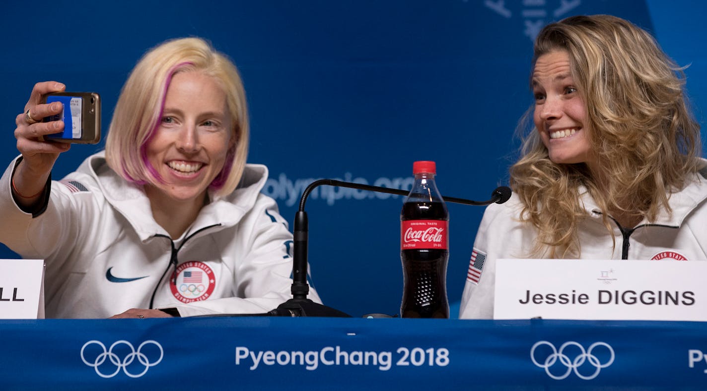 Team sprint gold medalists Kikkan Randall, left, and Jessie Diggins made U.S. team history.