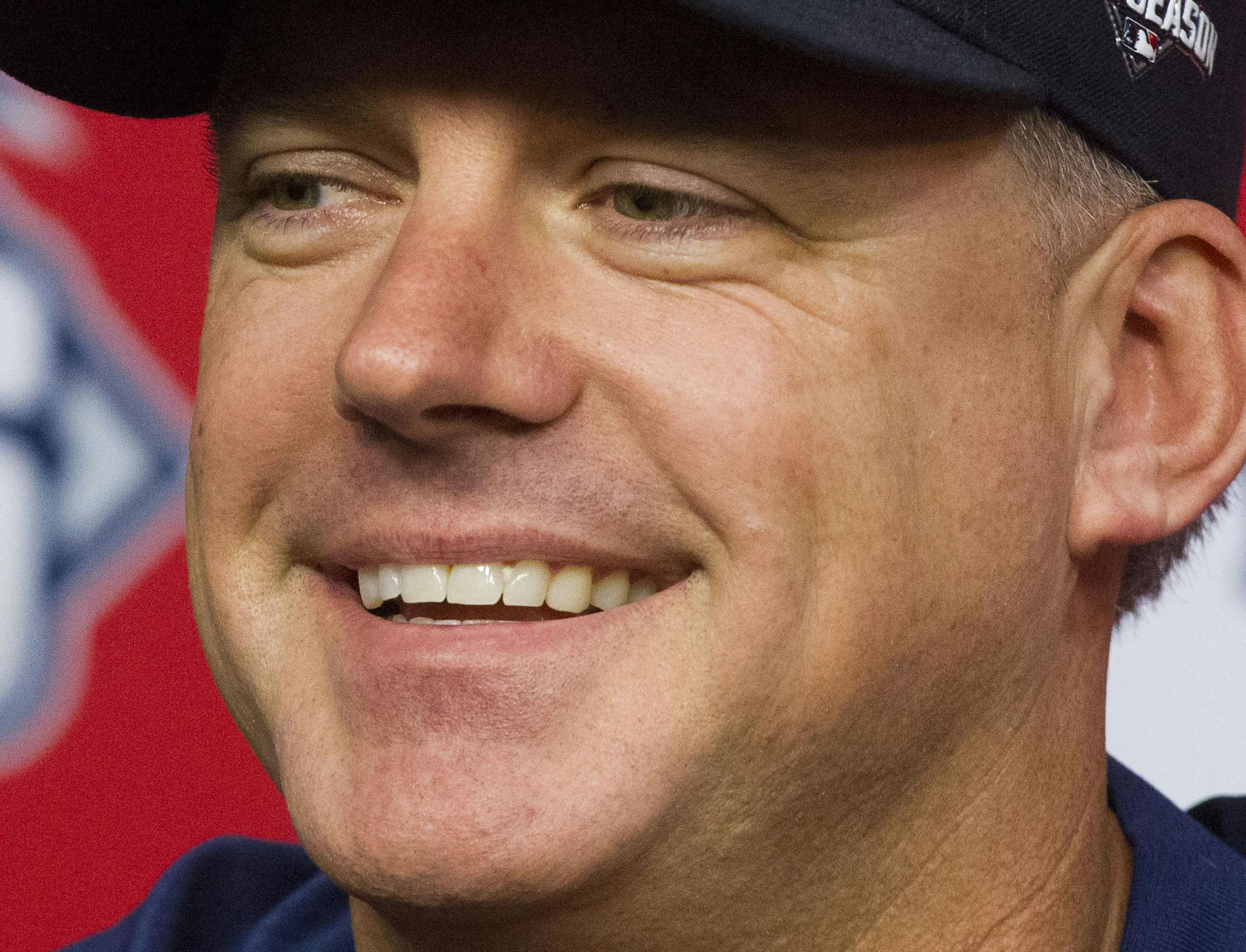 Houston Astros manager A. J. Hinch speaks during a news conference for baseball's American League Division Series, Saturday, Oct. 10, 2015, in Houston. The Astros host the Kansas City Royals in Game 3 on Sunday. The best-of-five games series is tied 1-1. (AP Photo/Patric Schneider) ORG XMIT: TXPX109
