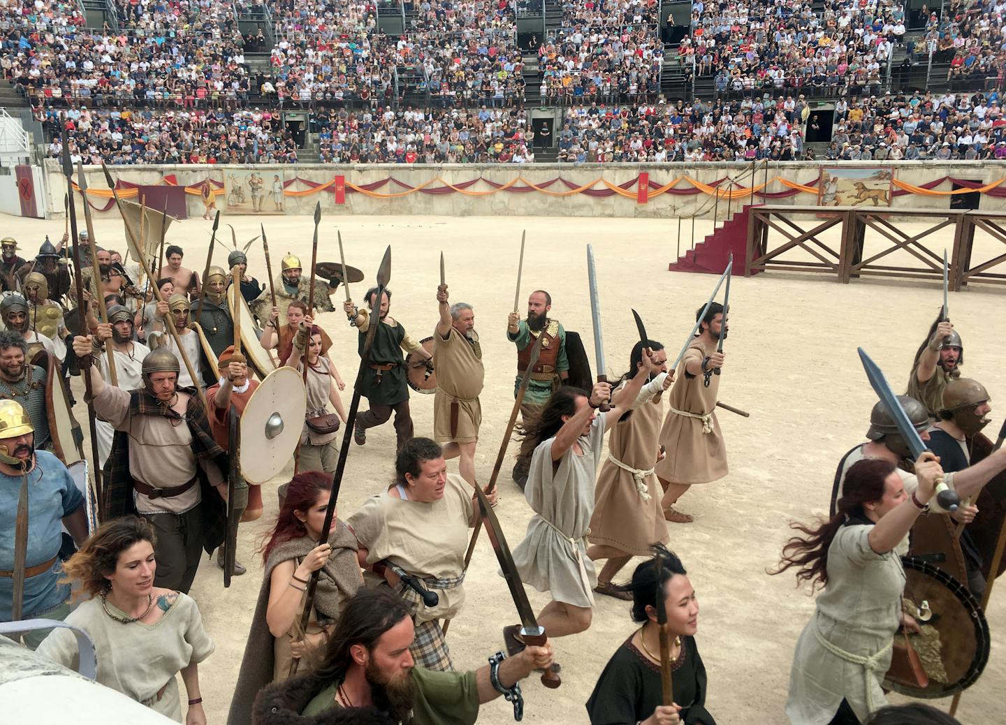 Hundreds of re-enactment actors from all over Europe trained for months before participating in the Great Roman Games, staged in the same Roman amphitheater where gladiator fights once took place. MUST CREDIT: Photo by Mary Winston Nicklin for The Washington Post.