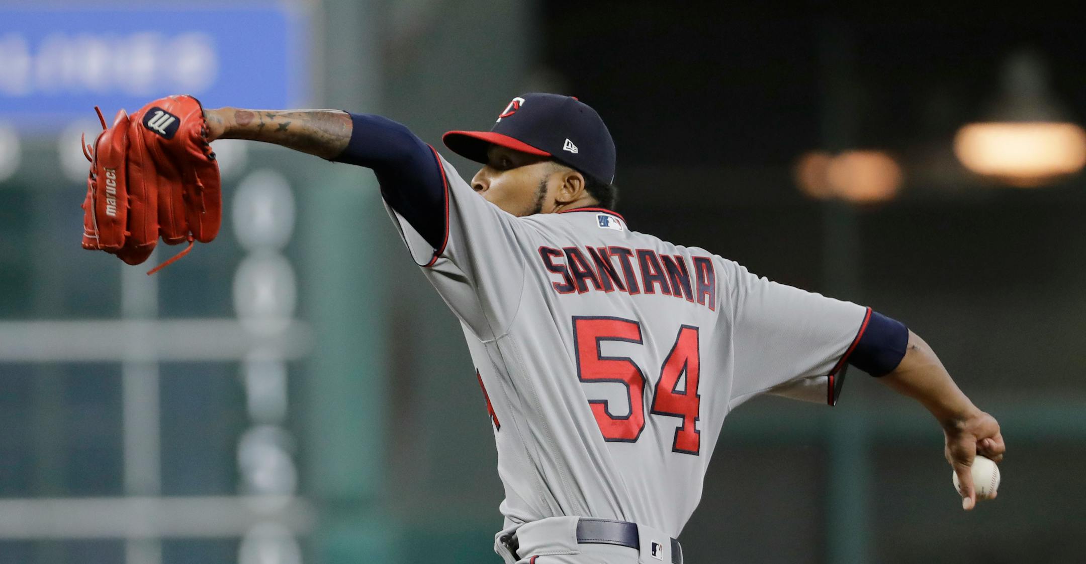 Minnesota Twins starting pitcher Ervin Santana throws during the first inning of a baseball game against the Houston Astros, Saturday, July 15, 2017, in Houston. (AP Photo/David J. Phillip)
