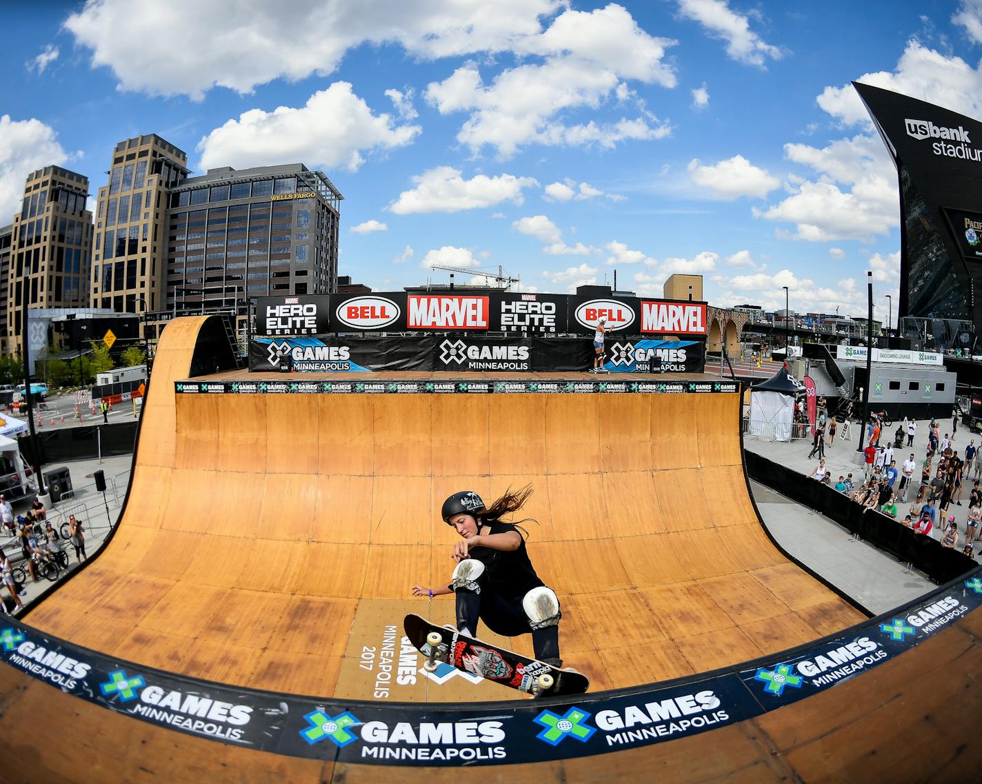 Nicole Hause, of Stillwater, performed a frontside grind on the vert ramp during a demo Sunday afternoon outside US Bank Stadium. ] AARON LAVINSKY &#xef; aaron.lavinsky@startribune.com The X Games were held Sunday, July 16, 2017 at US Bank Stadium in Minneapolis, Minn. ORG XMIT: MIN1707161611532248