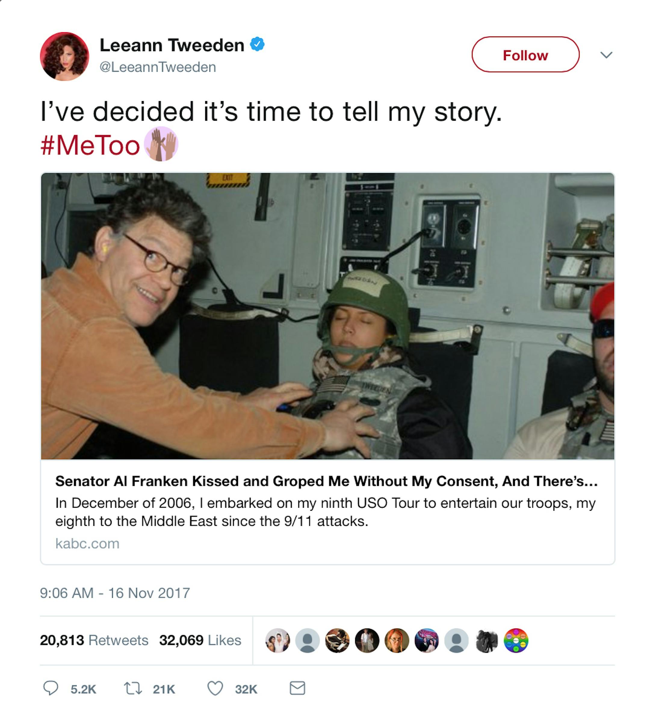 From Leeann Tweeden's Twitter feed. EDITOR'S NOTE: MUST USE THIS WHOLE IMAGE, DON'T CROP. ORG XMIT: MIN1711161609194070