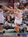 Connecticut’s Rebecca Lobo races down the court after the Huskies won the NCAA Women’s Final Four with a 70-64 victory over Tennessee on April 2, 
