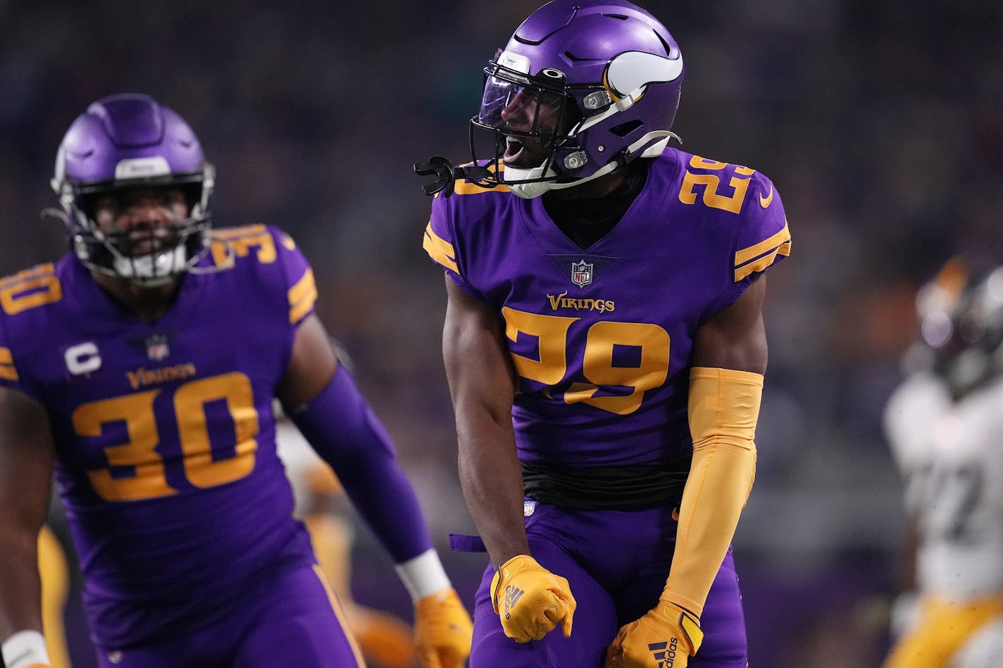 Minnesota Vikings defensive back Kris Boyd (29) reacted after bringing down Pittsburgh Steelers wide receiver Ray-Ray McCloud (14) in the third quarter of an NFL game between the Minnesota Vikings and the Pittsburgh Steelers Thursday, Dec. 9, 2021 at U.S. Bank Stadium in Minneapolis. ] ANTHONY SOUFFLE • anthony.souffle@startribune.com