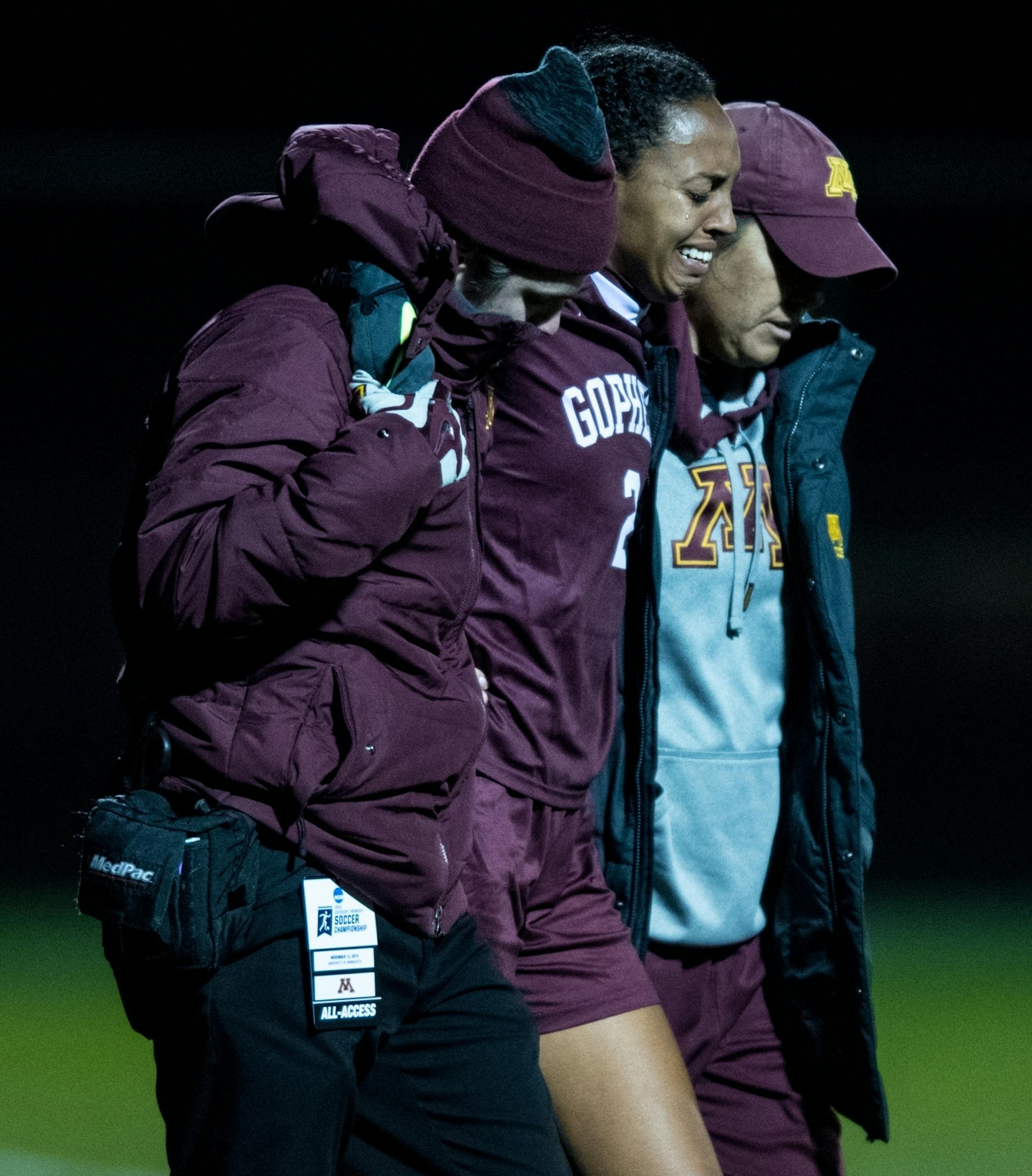 Minnesota forward Simone Kolander (2) was helped off the field with a leg injury in the second half. She did not return to the game.