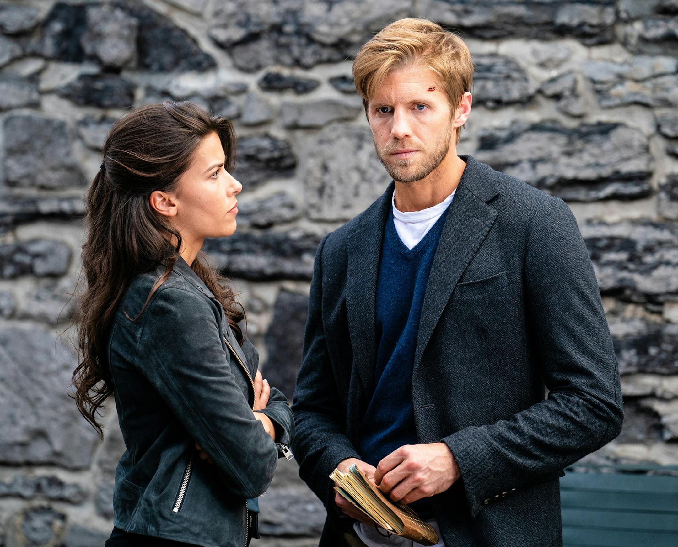 "Code of the Hawaladar" -- Danny poses as arms dealer Aiden Shaw in order to extract information on the location of terrorist Karim Farouk from a middleman who owes Shaw money. Also, Farouk obtains a clue to the location of the sarcophagus of Cleopatra, and Lexi bonds with Father Chuck when she seeks his help to decipher encoded information, on BLOOD & TREASURE, Tuesday, May 28 (10:00-11:00 PM, ET/PT) on the CBS Television Network. Pictured (L-R) Sofia Pernas as Lexi Vaziri and Matt Barr as Dann