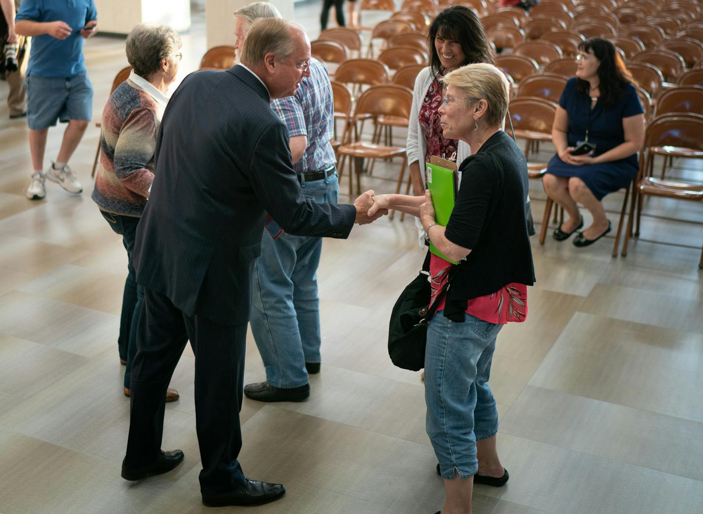 U.S. Rep. Jim Hagedorn shook hands with attendees at the end of his town hall at Owatonna Middle School. On the right is Linda Moore who was disappointed she didn't get to ask her question. ] GLEN STUBBE &#x2022; glen.stubbe@startribune.com Monday, July 22, 2019 U.S. Rep. Jim Hagedorn, a freshman Republican from southern Minnesota, is in the Democrats' 2020 sights. We'll look at Hagedorn's tenure in Congress so for, some of the issues Democrats hope to use against him, and also report from a Jul