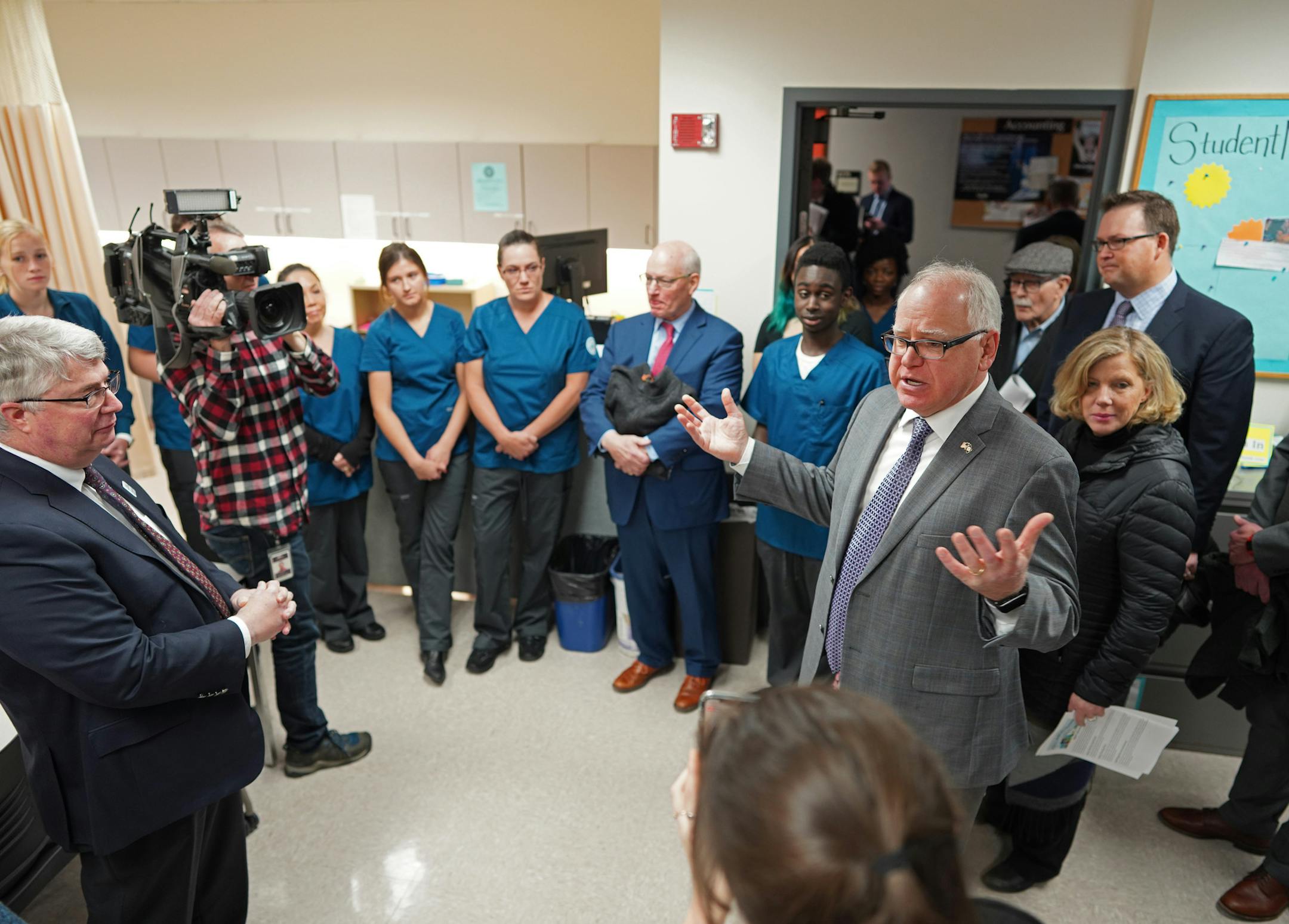 In the third stage of his public works proposal rollout, Gov. Tim Walz presented his plan to improve higher education infrastructure across the state. In a small nursing lab at Anoka-Ramsey Community College, the governor made his pitch for borrowing big to cover the needs of the state's universities and colleges. ]
brian.peterson@startribune.com
Anoka, MN Monday, January 13, 2020