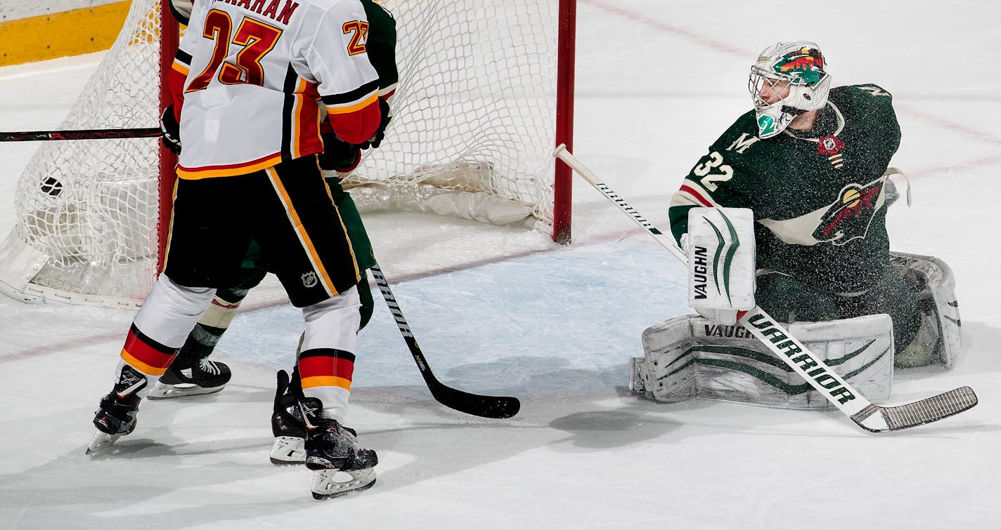 Wild goalie Alex Stalock looks back at Calgary's game winning goal in overtime.