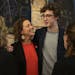 Duluth incumbent Mayor Emily Larson talked with her son, Eli Zaun, during her watch party at the Duluth Folk School on Tuesday night.