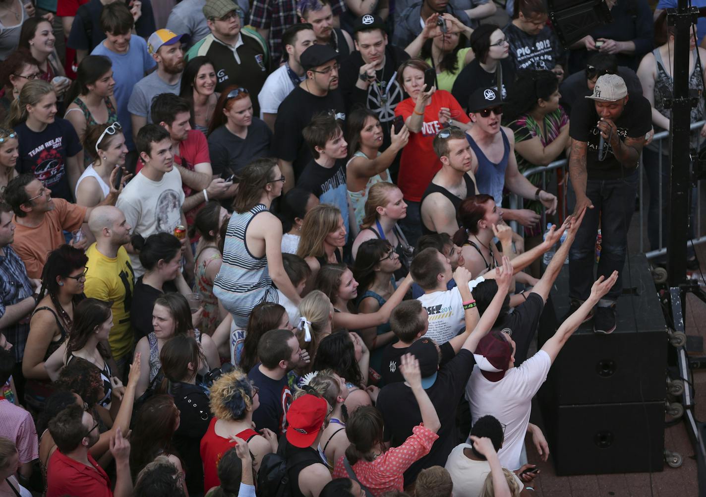 The City of St. Paul hosted a "Love is Law" outdoor musical celebration Tuesday evening, May 14, 2013 to commemorate the signing of the historic marriage bill. The rapper P.O.S. got the crowd fired up during his set on the Ecolab Plaza Tuesday night. ] JEFF WHEELER &#x201a;&#xc4;&#xa2; jeff.wheeler@startribune.com