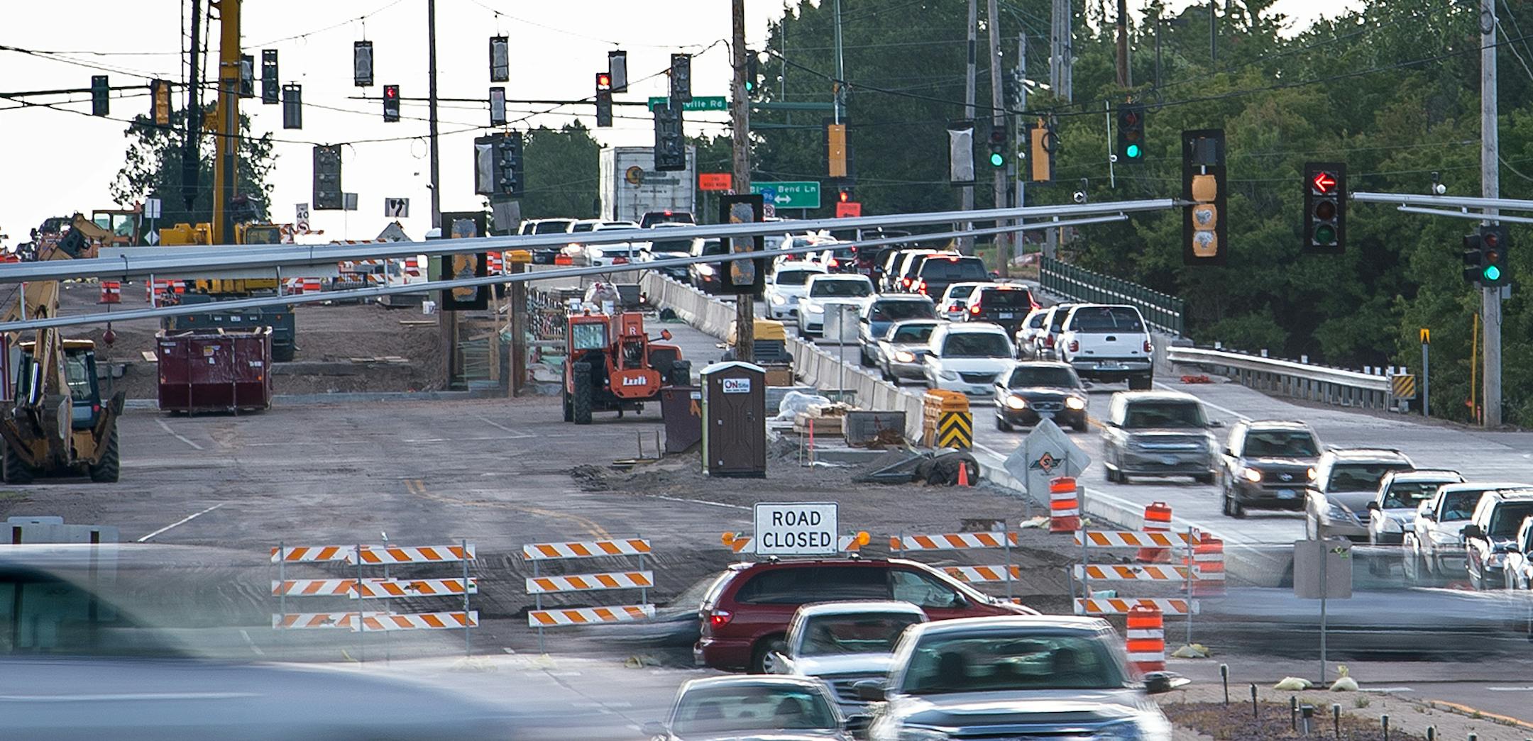 Traffic slowly navigated through a construction zone on Highway 96 East at the I-35E Thursday evening. ] (AARON LAVINSKY/STAR TRIBUNE) aaron.lavinsky@startribune.com Thousands of folks will be hitting the road this weekend for the 4th of July holiday. Even though most construction projects will be idle, the traffic work zones will still be there, which means there will be lots of continued lane closures and traffic diversions. We photograph various construction zones which could slow down driver