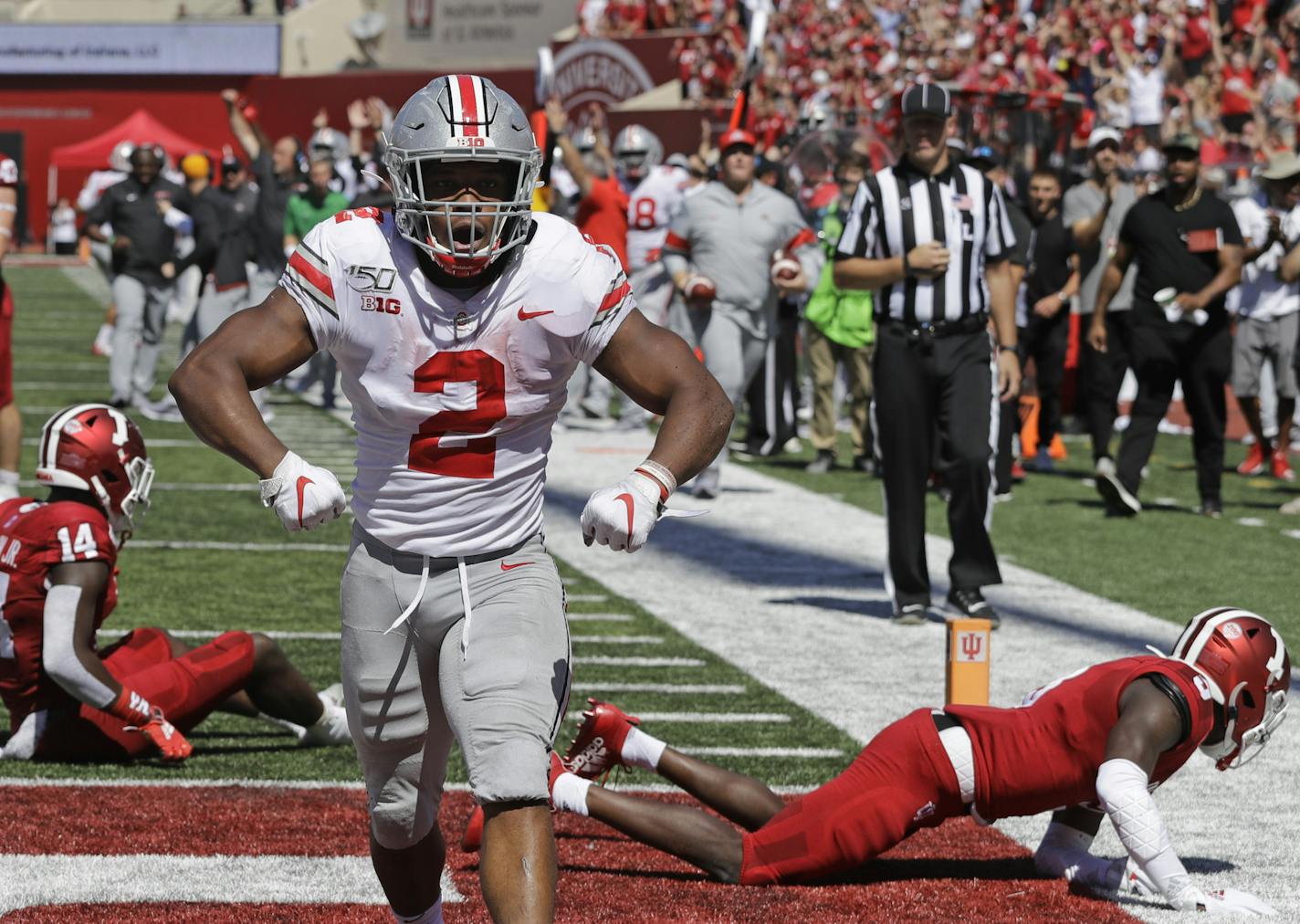 Ohio State running back J.K. Dobbins (2) celebrates after scoring a touchdown.