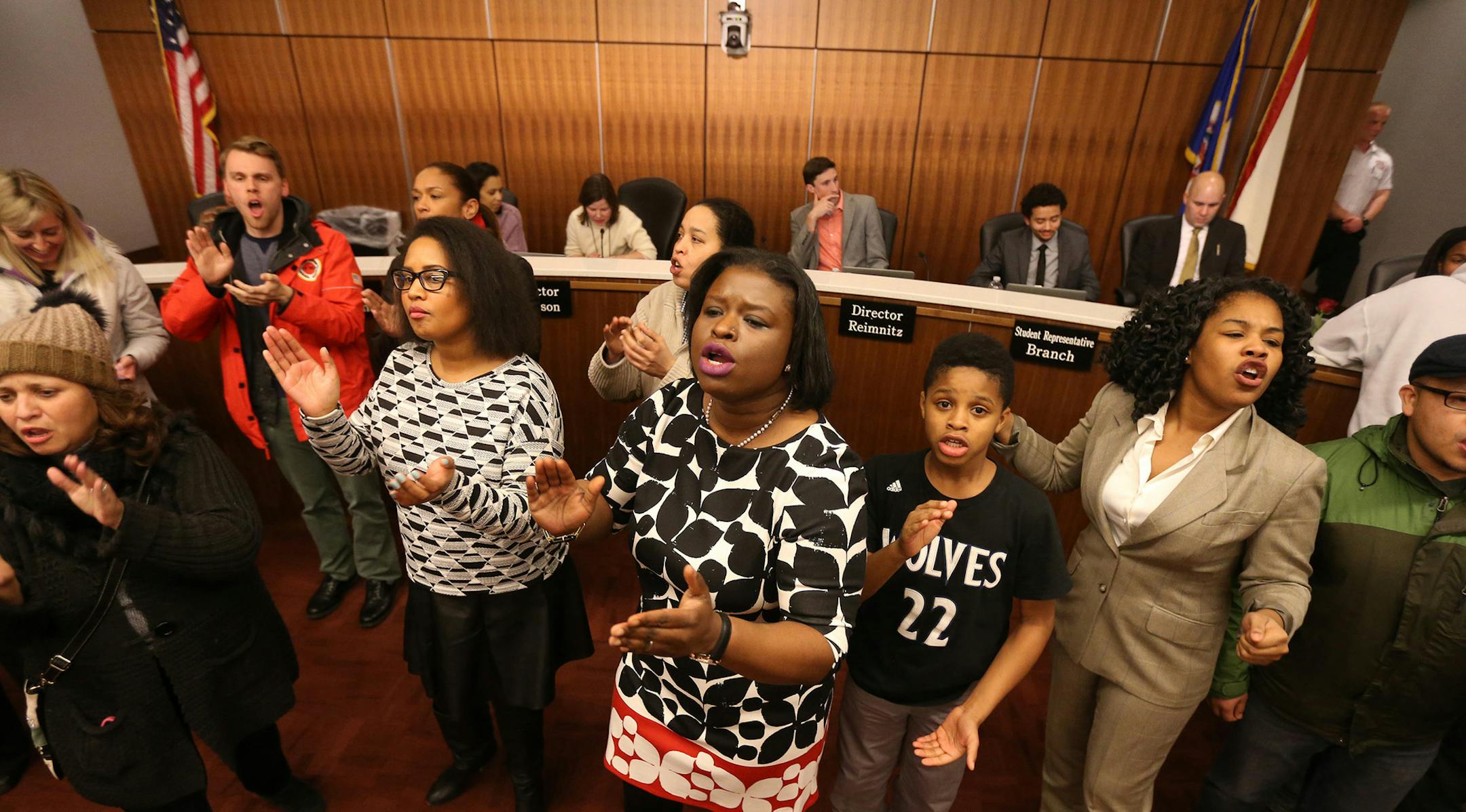 In the midst of a motion to select interim superintendent Michael Goar as the board's preferred candidate, protestors shut down the school board meeting. Tuesday January 12, 2016 in Minneapolis, MN. ] The Minneapolis school board will decide the fate of Sergio Paez, the man they selected to the lead the district. Jerry Holt/Jerry.Holt@Startribune.com ORG XMIT: MIN1601122100290550