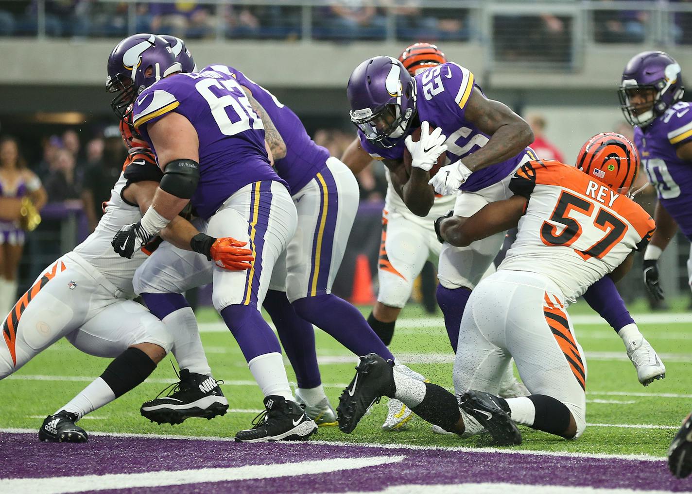 Vikings running back Latavius Murray pounds through the line for a 1-yard touchdown, capping the opening drive against Cincinnati.