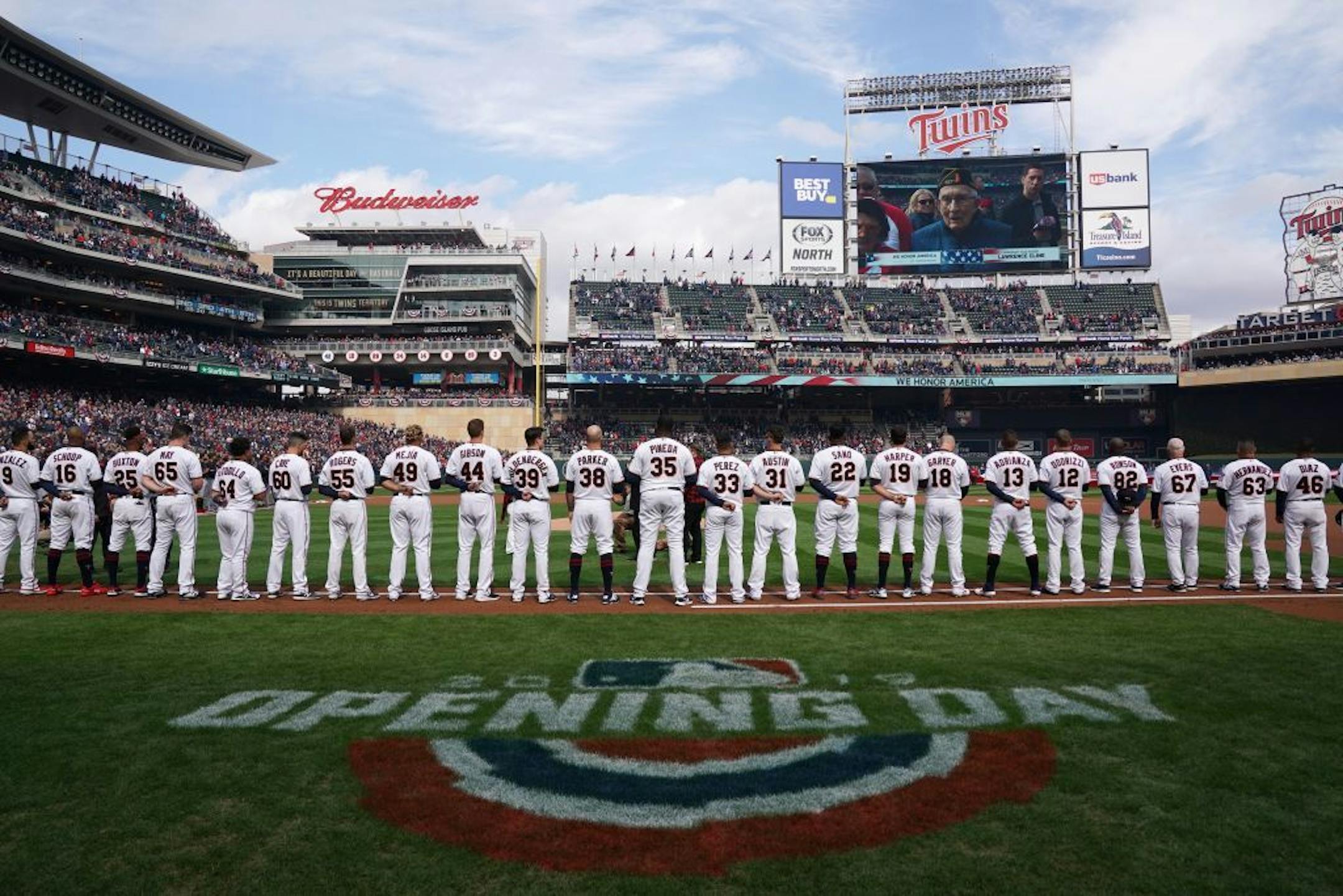 The Twins stood for the National Anthem before the 2019 opener against Cleveland.