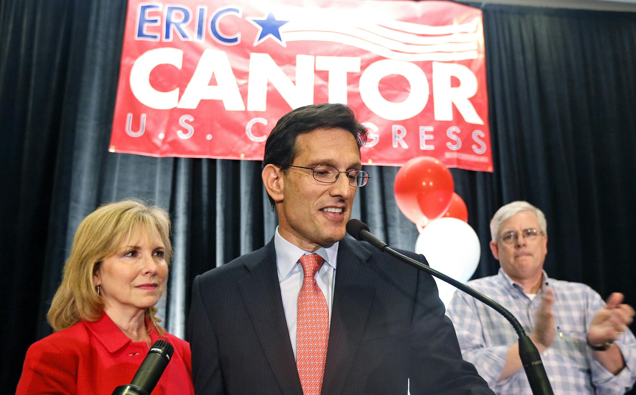 Congressman Eric Cantor, R-Va., stands beside his wife Diana, left, and delivers a concession speech at his election night party in Richmond, Va., Tuesday, June 10, 2014. Cantor lost the GOP primary to tea party candidate Dave Brat. (AP Photo/Steve Helber) ORG XMIT: MIN2014061020221862