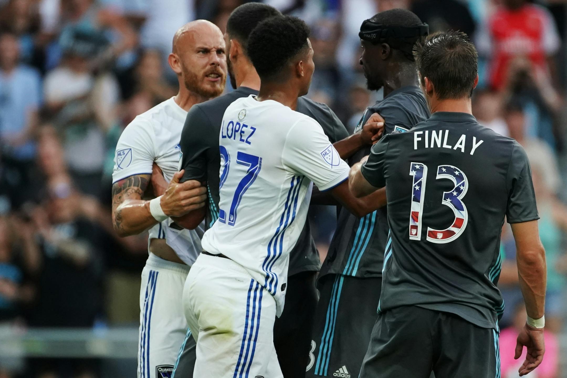 Minnesota United defender Michael Boxall (15) and San Jose Earthquakes midfielder Magnus Eriksson (7) scuffled in the first half.