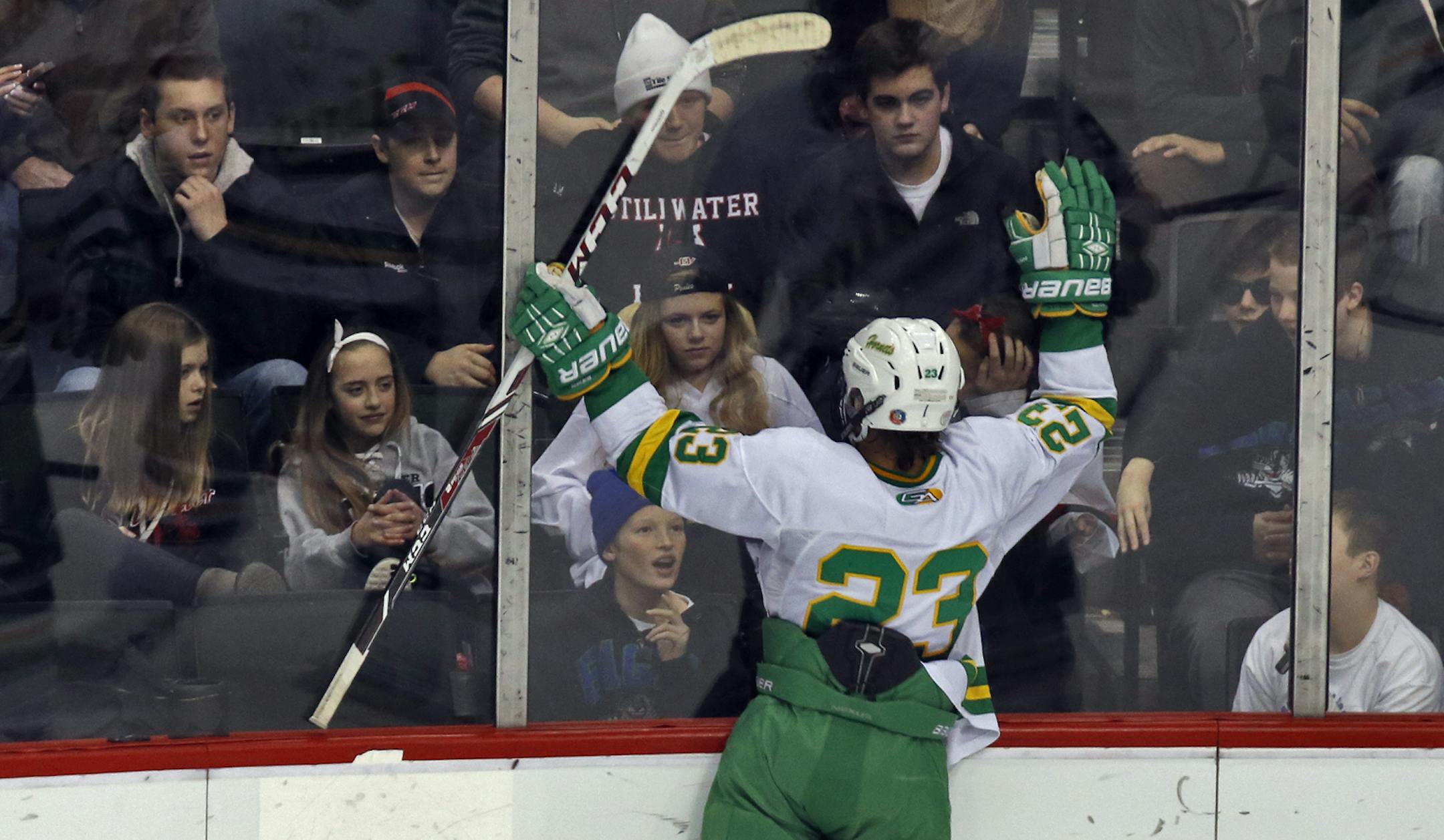 Edina's Tyler Nanne celebrates his third goal in the first period. ] Boys State Highschool Hockey Tournament - Class 2A - Stillwater Ponies vs. Edina Hornets. (MARLIN LEVISON/STARTRIBUNE(mlevison@startribune.com)