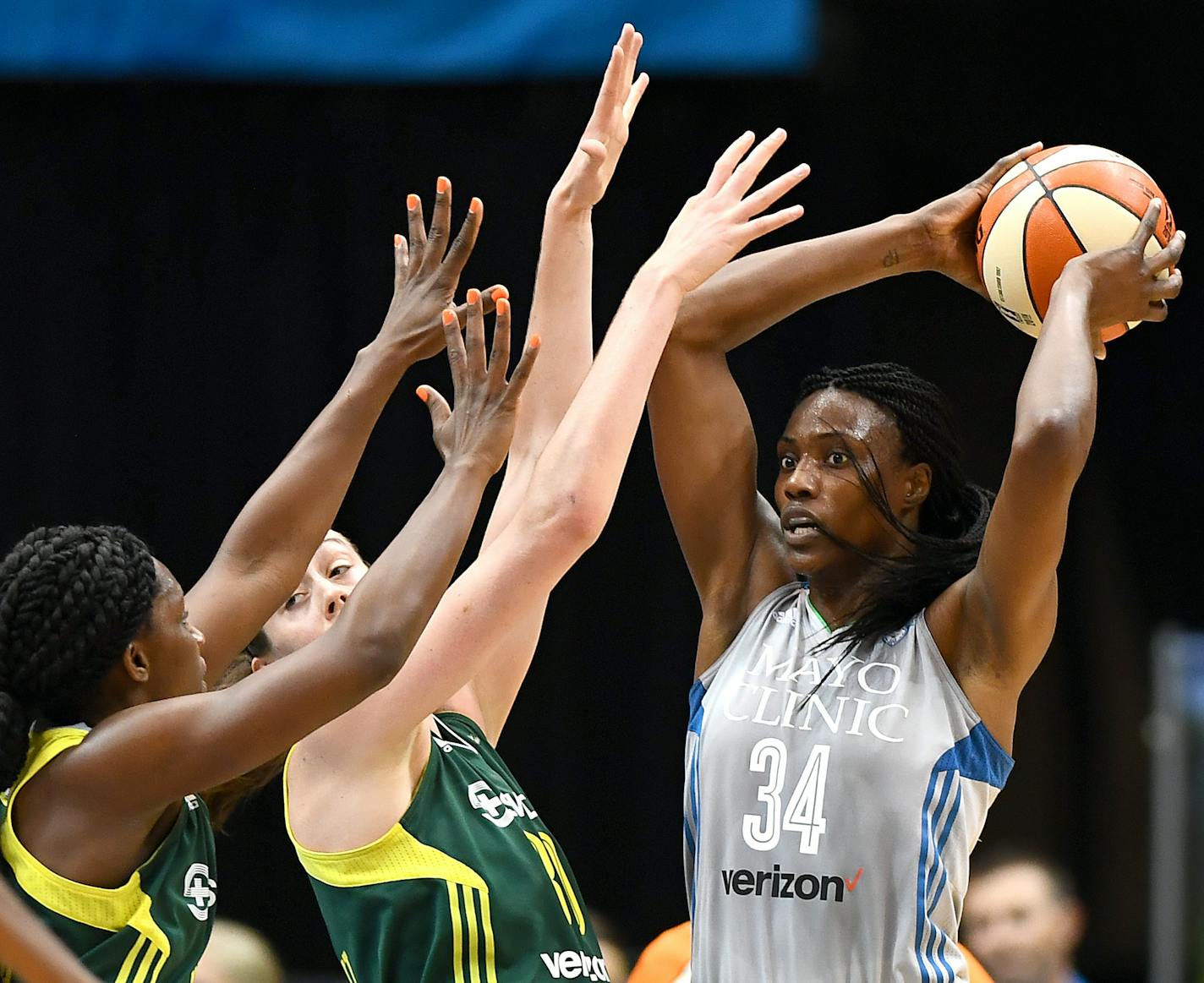 Minnesota Lynx center Sylvia Fowles (34) was double teamed by the Seattle Storm in the second half Friday. ] (AARON LAVINSKY/STAR TRIBUNE) aaron.lavinsky@startribune.com The Minnesota Lynx play the Seattle Storm on Friday, July 22, 2016 at Target Center in Minneapolis, Minn.