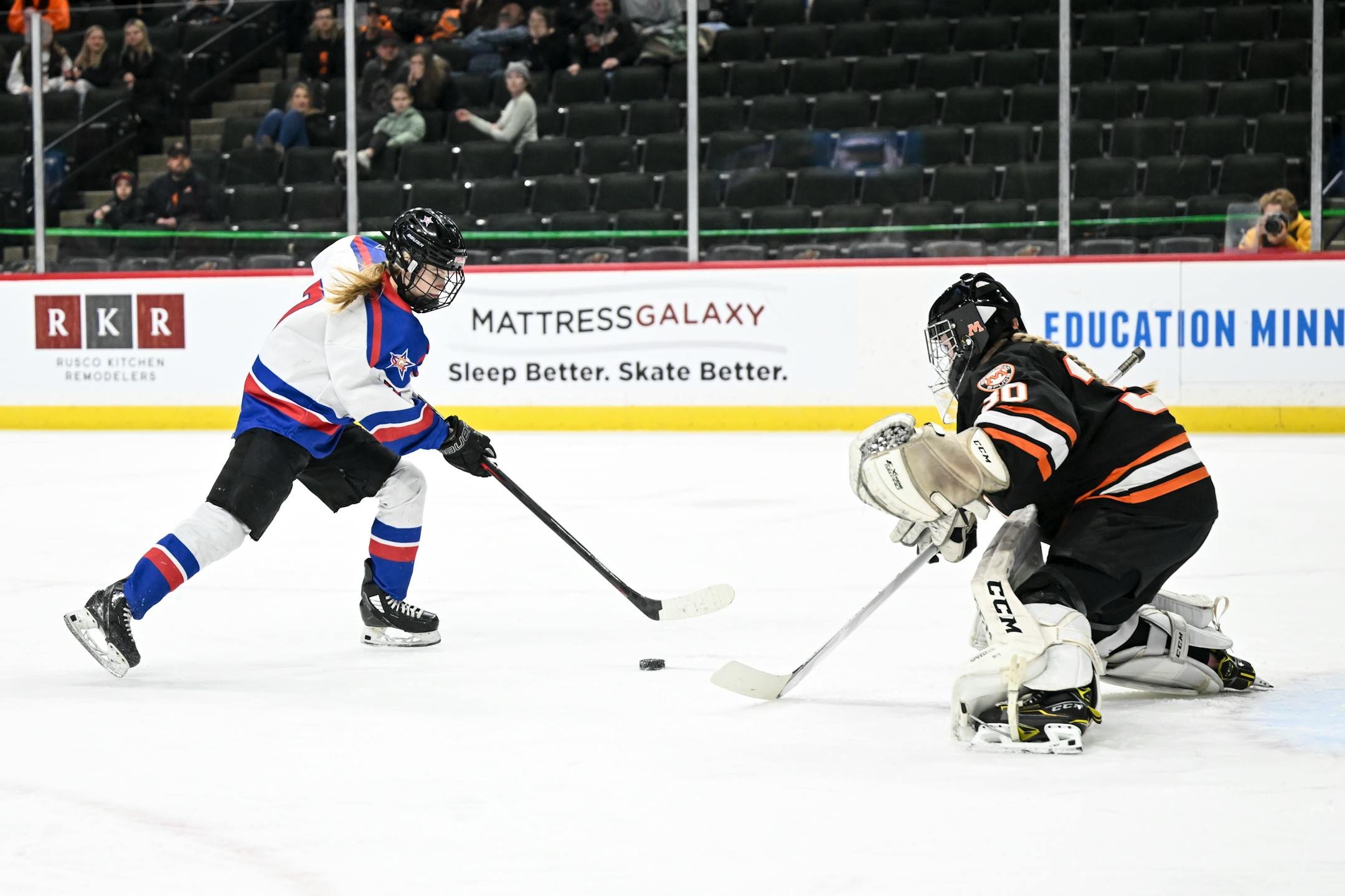 Gentry forward Cara Sajevic (7) scores her third goal for the hat trick against Moorhead goaltender Taylor Kressin (30) during the first period.
