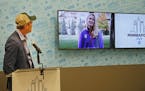 Former Minneapolis mayor R.T. Rybak watched Olympic gold medalist Jessie Diggins in a recorded statement during the announcement that the city will ho
