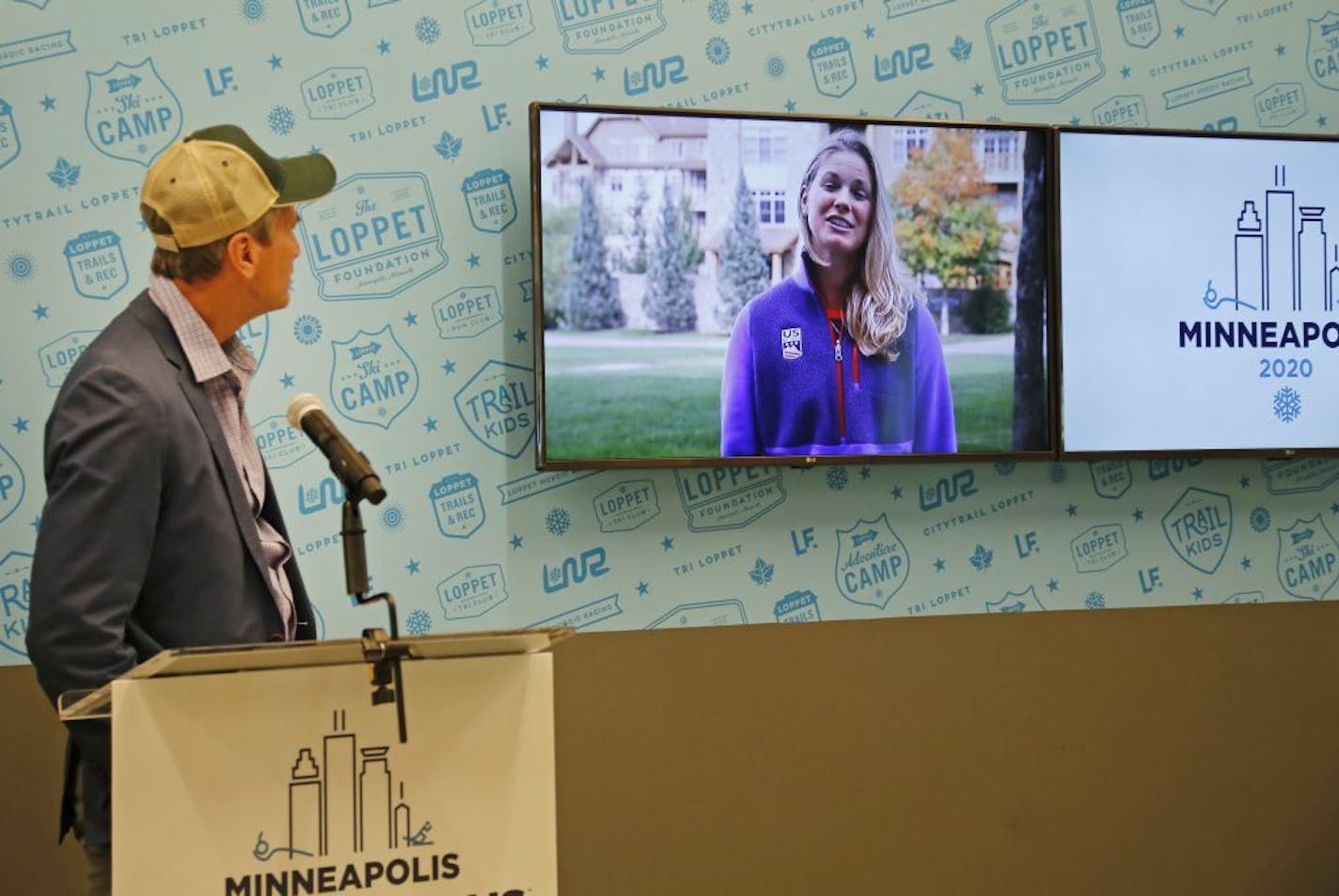 Former Minneapolis mayor R.T. Rybak watched Olympic gold medalist Jessie Diggins in a recorded statement during the announcement that the city will host a World Cup cross-country ski event in March, 2020.