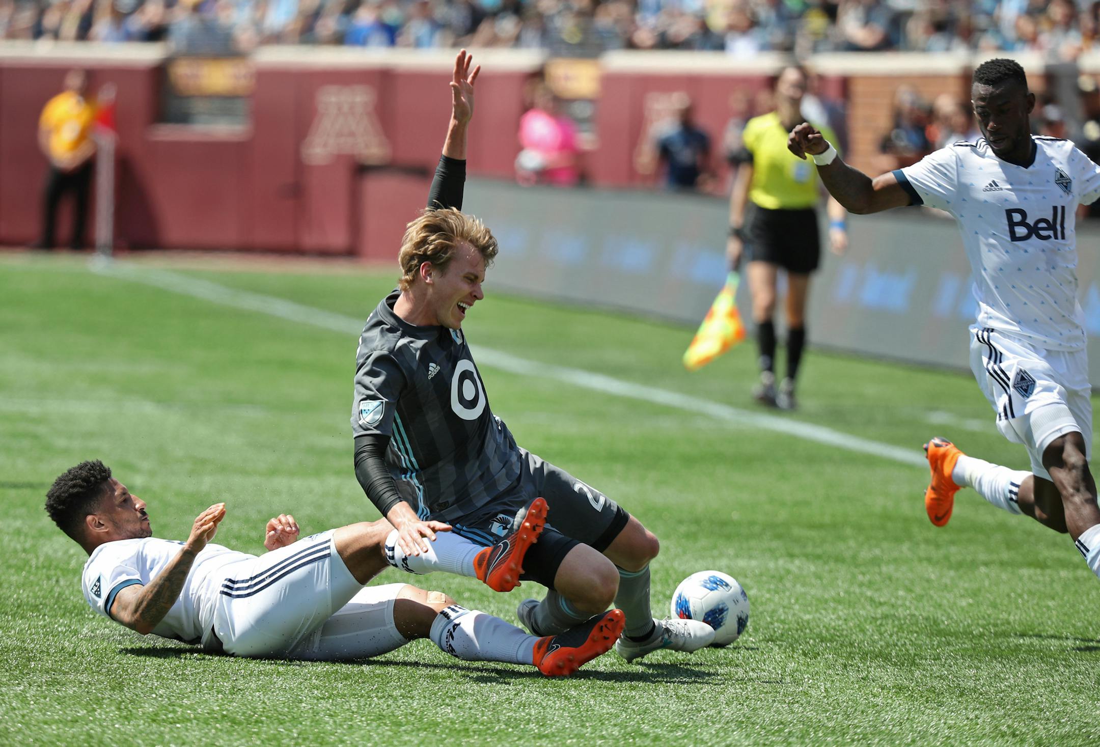 MN United player Rasmus Schuler is tackled by Sean Franklin from Vancouver in the first half. ] Shari L. Gross ï shari.gross@startribune.com Minnesota United hosted Minnesota Vancouver in a Major League Soccer matchup on Saturday, May 5, 2018 at TCF Bank Stadium in Minneapolis.