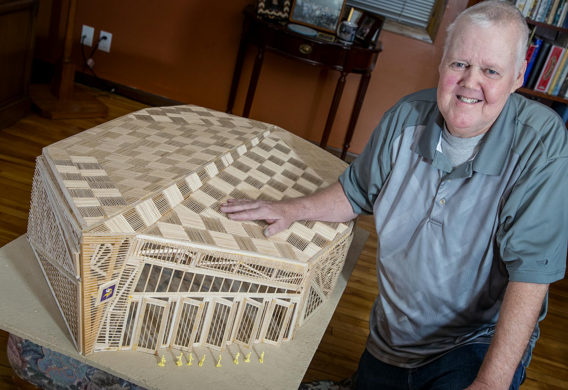 A wooden model of US Bank Stadium built by Gregory Kelly of Minneapolis. Kelley spent about 400 hours of work over 7 months using about 6,400 toothpicks, 3 8-ounce bottles of glue. The dimensions are approximately 4 feet long, 3 feet wide, 1.5 feet tall. ] CARLOS GONZALEZ ï cgonzalez@startribune.com - November 30, 2017, Minneapolis, MN, Greg Kelly - Gregory Kelly wooden three-foot scale model of the US Bank Stadium took months to build, cost maybe $100 and is covered in toothpicks.