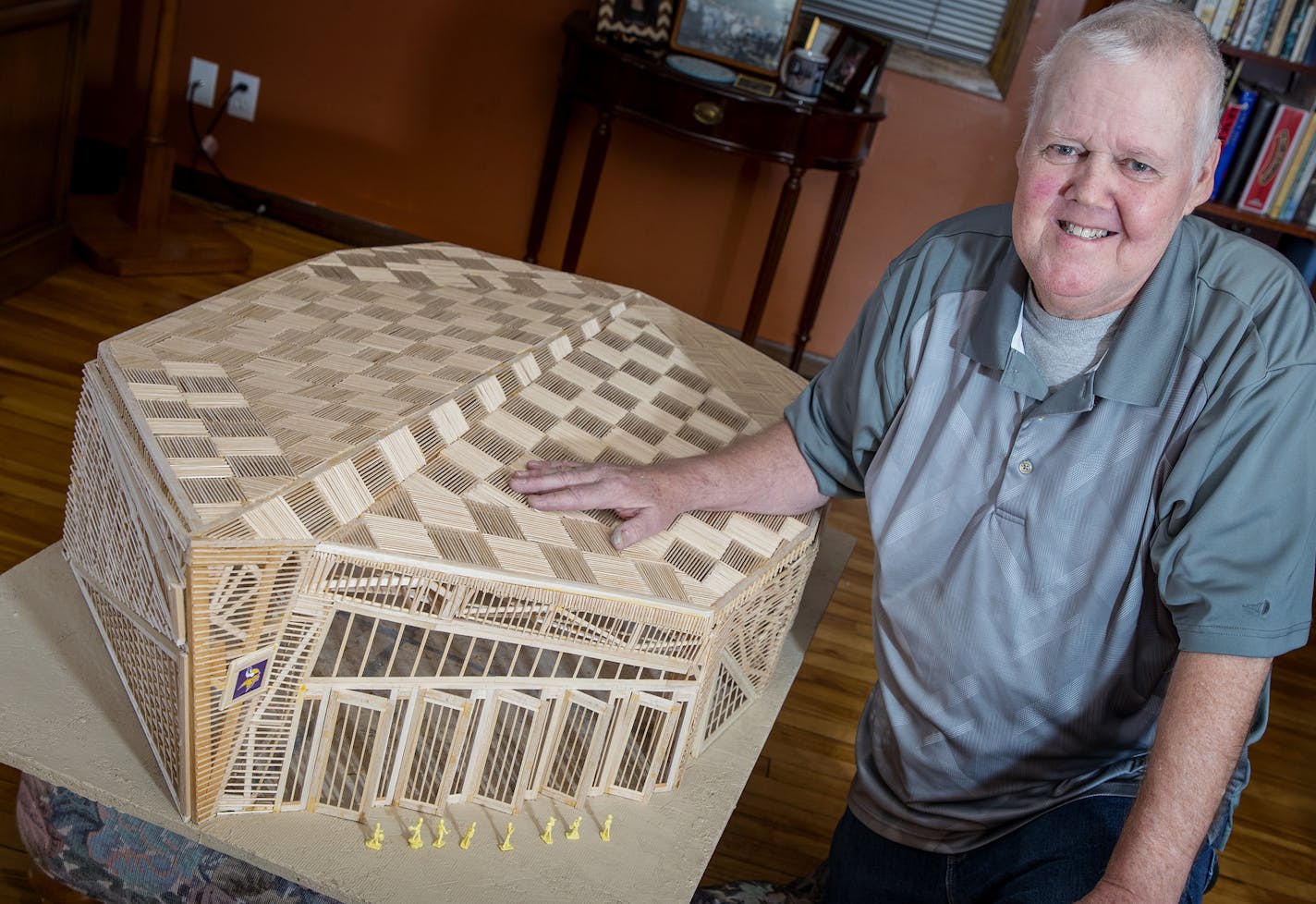 A wooden model of US Bank Stadium built by Gregory Kelly of Minneapolis. Kelley spent about 400 hours of work over 7 months using about 6,400 toothpicks, 3 8-ounce bottles of glue. The dimensions are approximately 4 feet long, 3 feet wide, 1.5 feet tall. ] CARLOS GONZALEZ &#xef; cgonzalez@startribune.com - November 30, 2017, Minneapolis, MN, Greg Kelly - Gregory Kelly wooden three-foot scale model of the US Bank Stadium took months to build, cost maybe $100 and is covered in toothpicks.