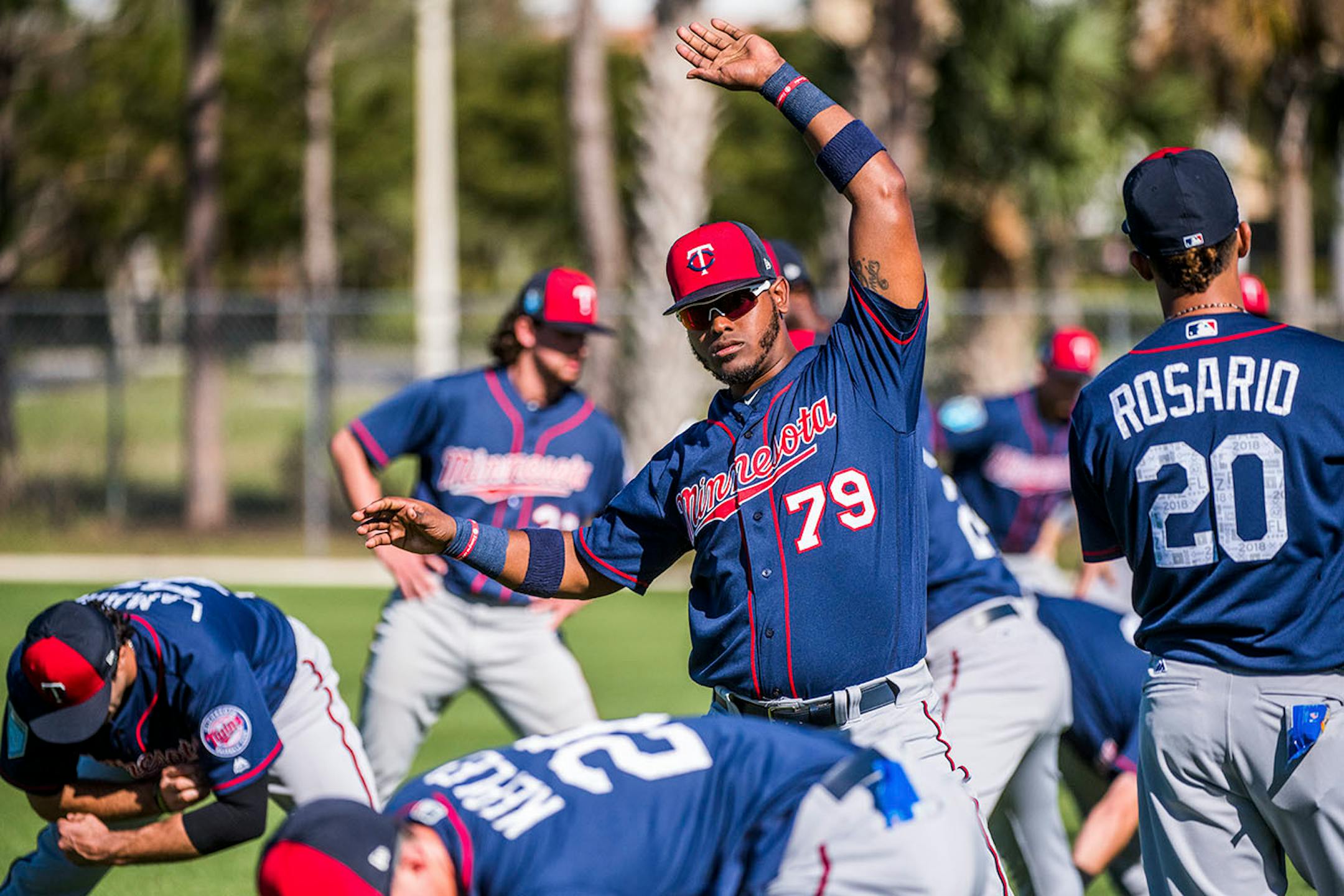 Twins catcher Brian Navarreto (79) stretched before workouts.