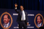 Somali President Hassan Sheikh Mohamud responded to the welcome from a cheering crowd of hundreds Thursday night, December 15, 2022 in the auditorium 
