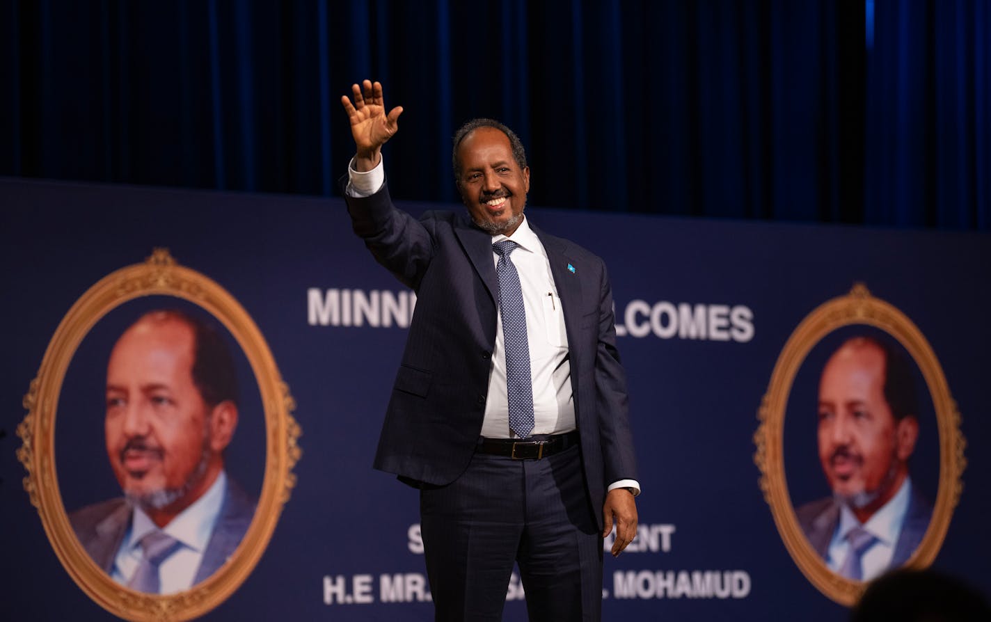 Somali President Hassan Sheikh Mohamud responded to the welcome from a cheering crowd of hundreds Thursday night, December 15, 2022 in the auditorium of the Minneapolis Convention Center. Somali President Hassan Sheikh Mohamud is in town to address the members of the Somali community, the largest outside Africa, after attending the U.S. - Africa Leaders Summit in Washington, D.C. this week. ] JEFF WHEELER • jeff.wheeler@startribune.com