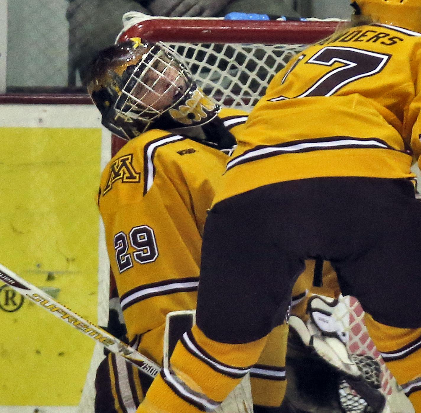 The Gophers womens hockey team's 62-game winning streak was on the line Sunday in a game against North Dakota. North Dakota led 3-0 after one period of play. Gophers goalie Amanda Leveille (29) looked dismayed after the third North Dakot goal slipped by her in the first period. (MARLIN LEVISON/STARTRIBUNE(mlevison@startribune.com)